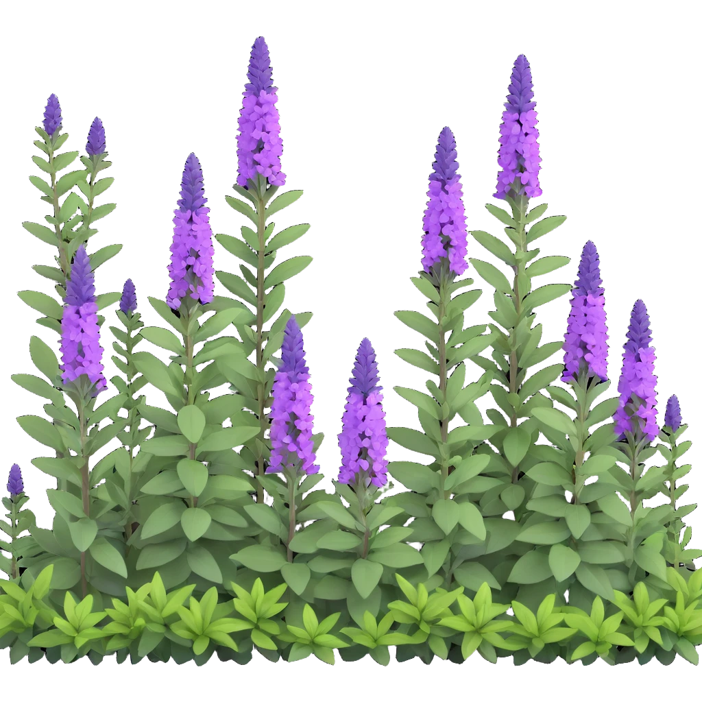 3D iOS style illustration of Salvia nemorosa (woodland sage), dense bush with upright purple flower spikes and green leaves, realistic and vibrant emoji