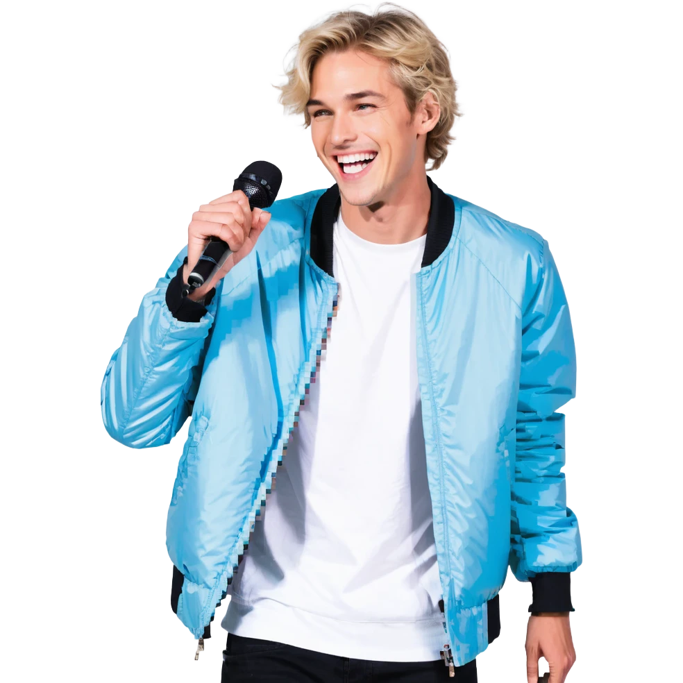 Pixel art style, expressive male performer, Caucasian features, short sandy blonde hair, lively eyes, wide cheerful smile, wearing a sky blue jacket over white tee, tossing a microphone in one hand, waist-up, front-facing emoji