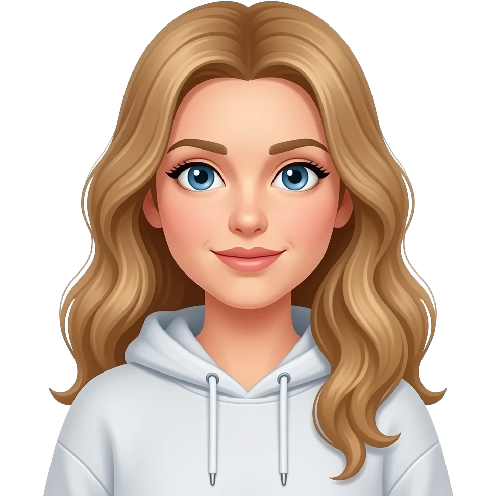 woman, blue eyes, late twenties, mousey blonde hair, long wavy hair, sweatshirt emoji