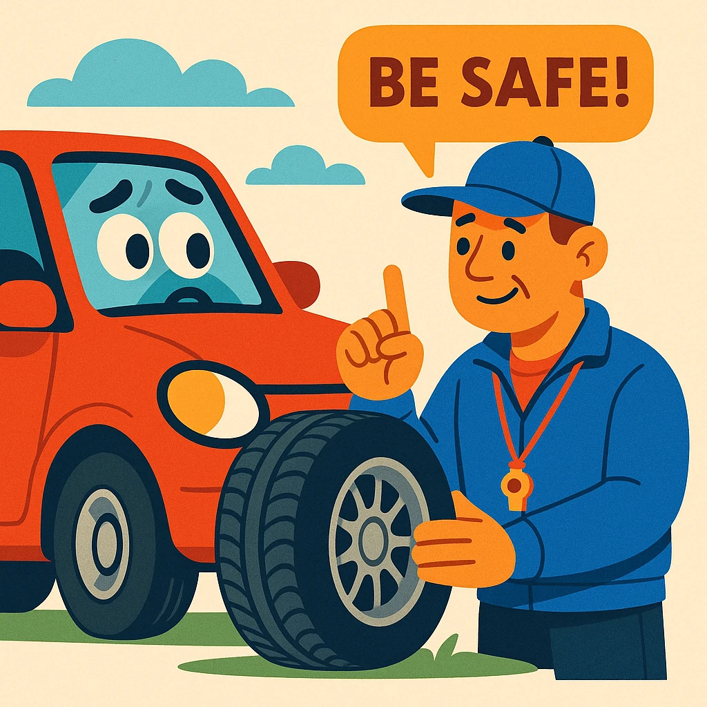car with tire highlighted, sympathetic coach giving safety advice, modern and reassuring illustration style emoji