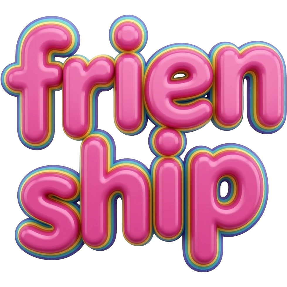 name "friendship" in raspberry pink, 3D style typography lettering, each color of the rainbow as a border outlined around each letter, isolated, 3d rendering, no emoji icons no emoji faces and must have no human figures emoji