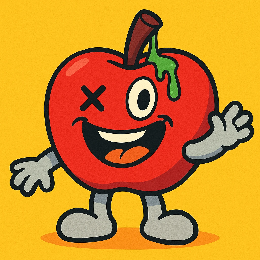 Appleton the Apple plush apple toon character, vibrant toon style, light grey arms and legs, left eye is an X, ichor leaking from the stem without leaf, wide happy grin emoji