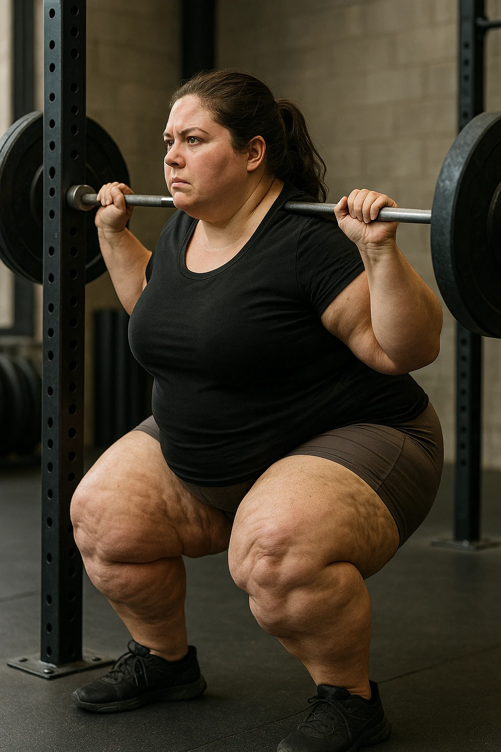 donna grassa con lipedema alle gambe che fa uno squat di profilo con bilanciere, IPERREALISTICA 4K emoji