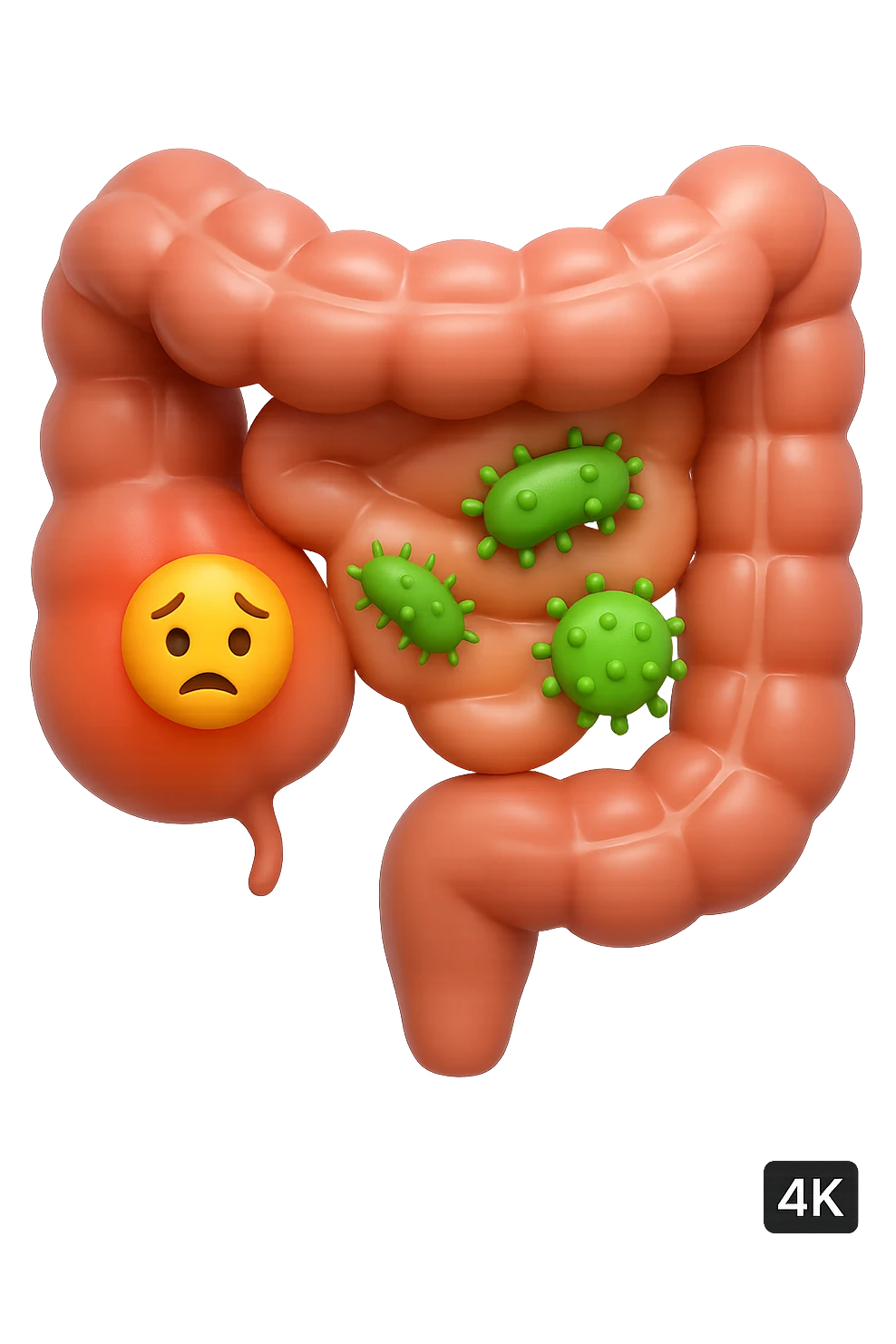 emoji stile iphone in 3d di intestino realistico con infezione e batteri dentro, iperrealistico 4k emoji
