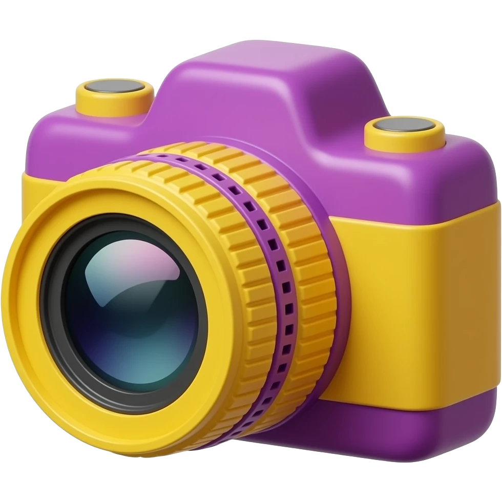 Glossy 3D rendered film camera emoji, detailed with distinct lens barrel and film reels, slightly rounded edges, vivid saturated berry (#B4018C) body, bright pure yellow (#FFF200) lens and accents, soft shading, white background emoji