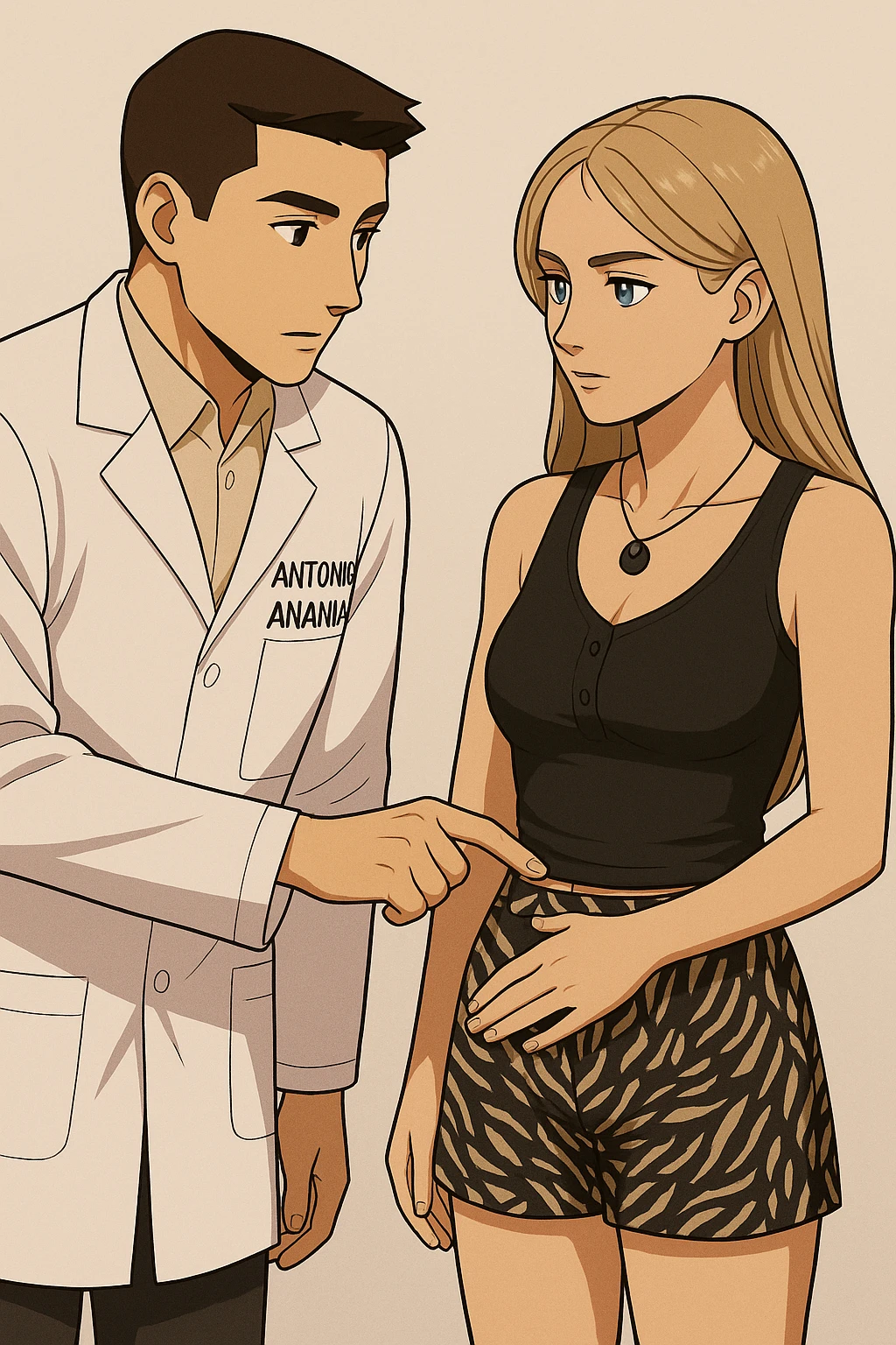 fai un webtoon/manga a colori con questo kinesiologo in camice bianco (fagli la scritta "ANTONIO ANANIA" SUL CAMICE) CHE PARLA CON QUESTA RAGAZZA CON GLI OCCHI AZZURRI. IL KINESIOLOGO CON IL CAMICE BIANCO LE TOCCA LA PANCIA CON UN DITO DOVE C'è L'INTESTINO. NON FARE I FUMETTI, FAI SOLO LORO COME SE DIALOGASSERO emoji