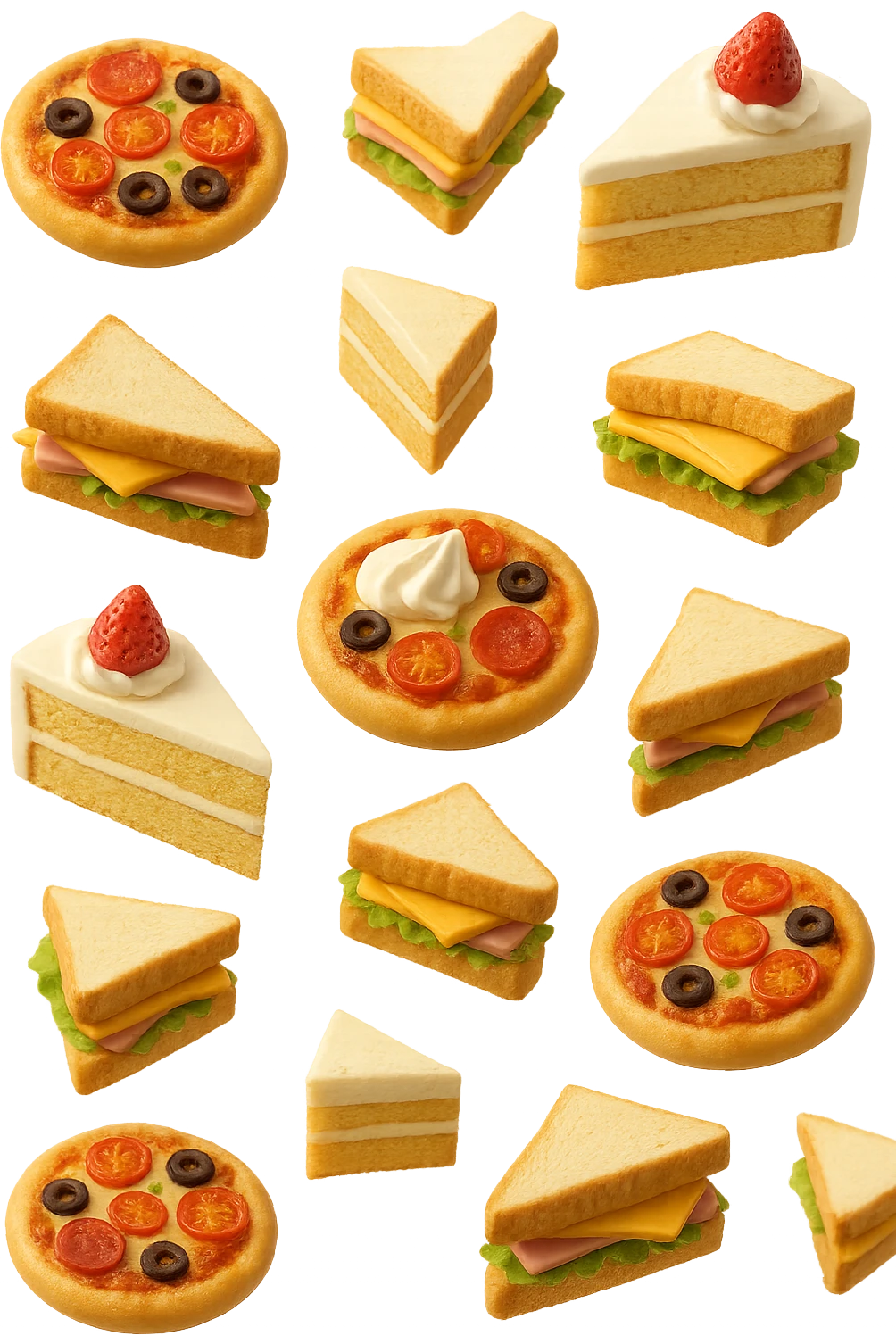 pizzette, fette di torta e panini, fluttuano in aria in 3d, sfondo bianco emoji