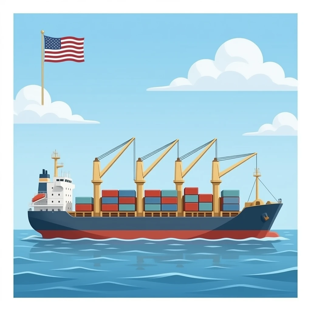 tàu chở hàng chở 4 chiếc công tơ nơ lớn và có cắm một lá cờ mỹ emoji