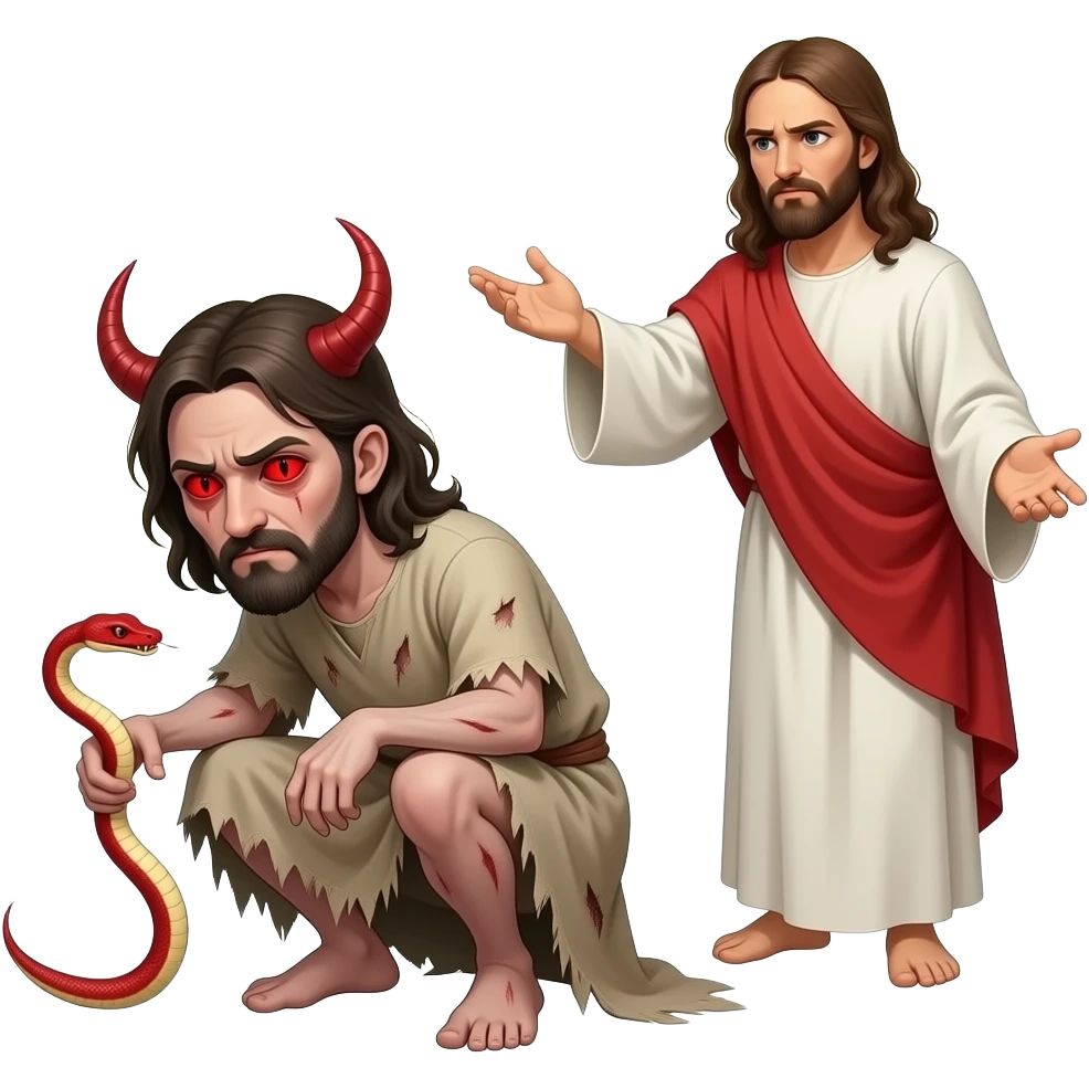 A full bodied crouched down emaciated man with pale colored skin, red serpent eyes, slim black slit pupils and possessed by an evil spirit  that has a fearful look on his face, wearing tattered clothing from biblical times and Jesus standing above him with a stern look on his face casting him out emoji