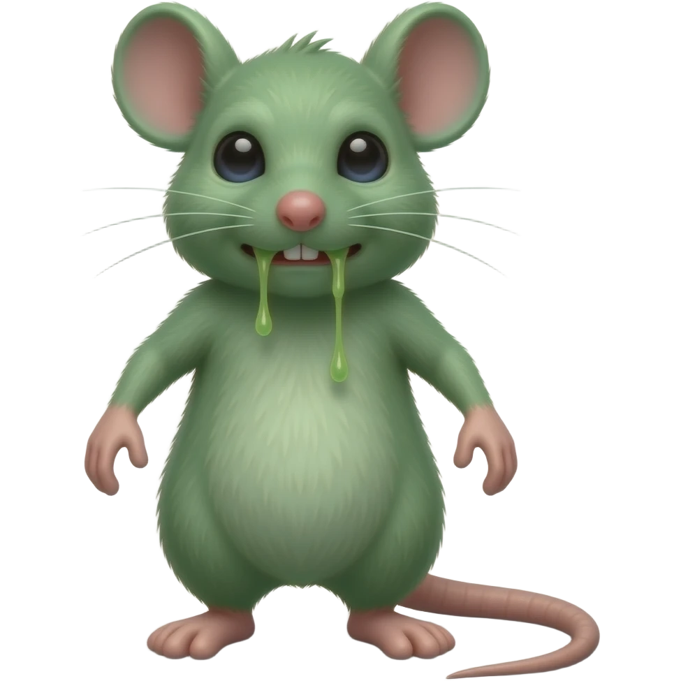 A little green mouse standing upright, with arms and legs that look like those of a little person, staring at us with loathsome and revolting face on its face, with vomit. The mouse’s body is entirely green. emoji