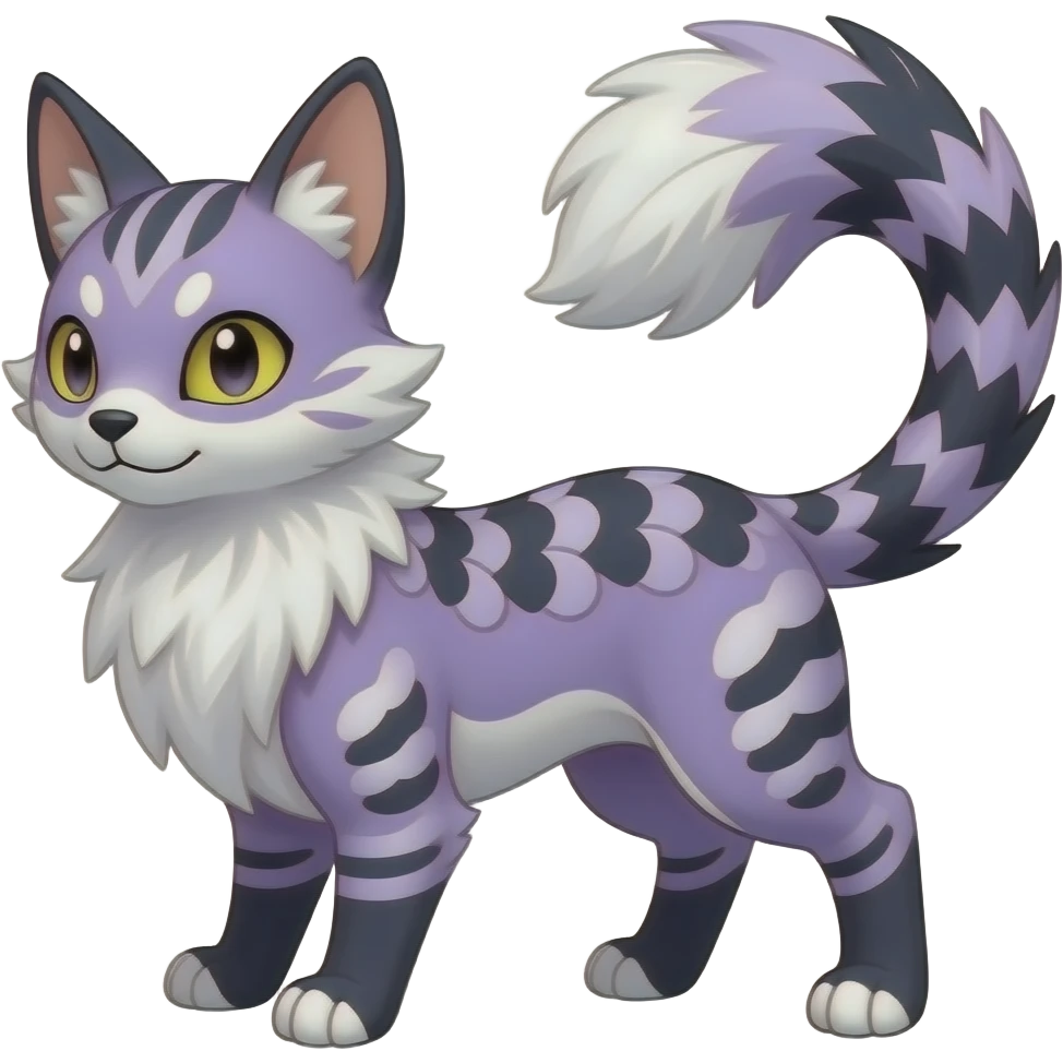 Furry, fluffy tropical flecked painted feathery scaly, Purple, white, black, Minccino-Lykoi-Linoone-Zangoose-fusion-hybrid-animal-Fakémon-creature, full body, thin long sleek scaly tail, intricate markings emoji