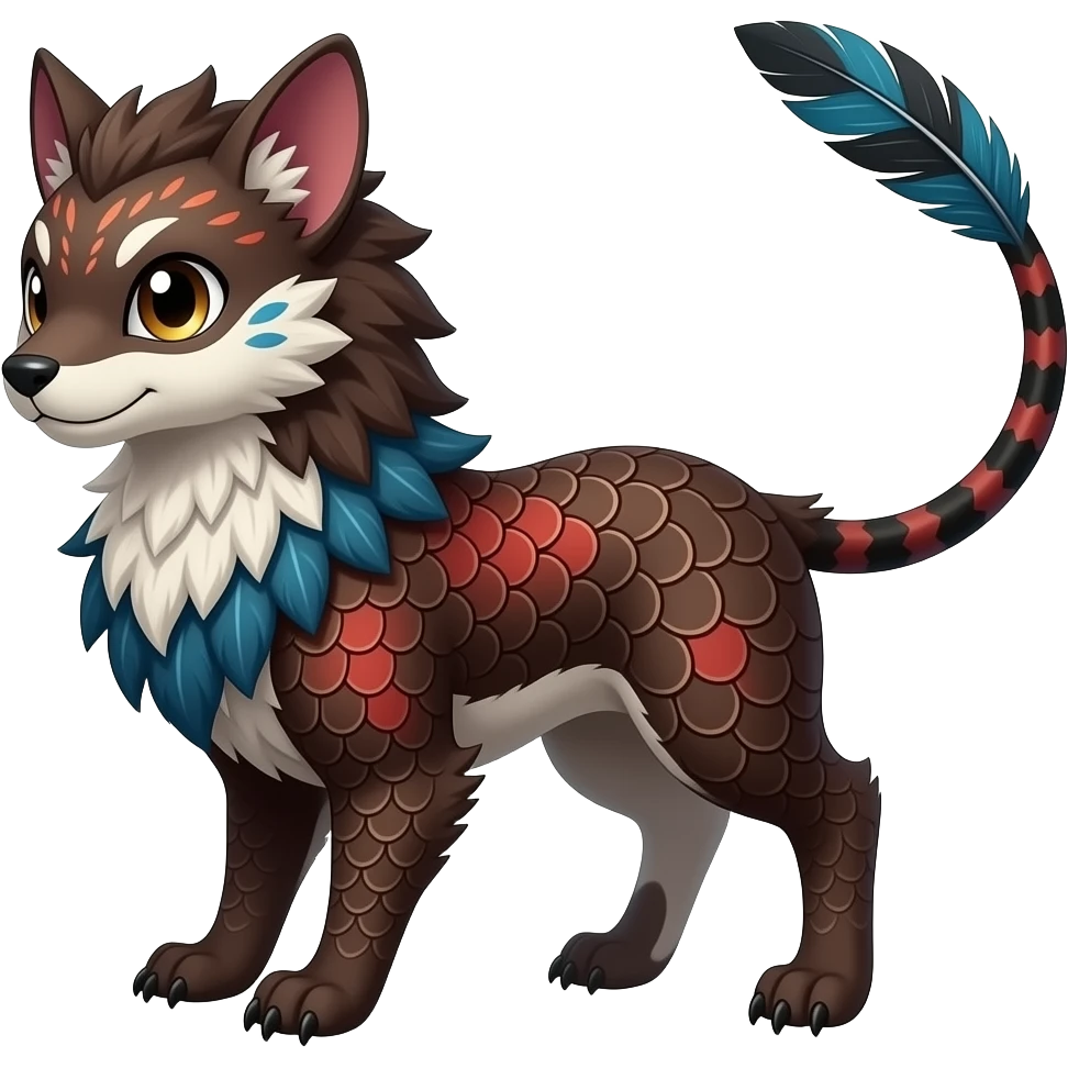 Floral-patterned majestic feathery elegant realistic stylish Furry, fluffy feathery tropical painted scaly, dark-brown, sanguine-red, blue, white, black, Minccino-Bambino-Linoone-Zangoose-fusion-hybrid-animal-Fakémon-creature, full body, thin long sleek feather-tipped tail, intricate markings emoji