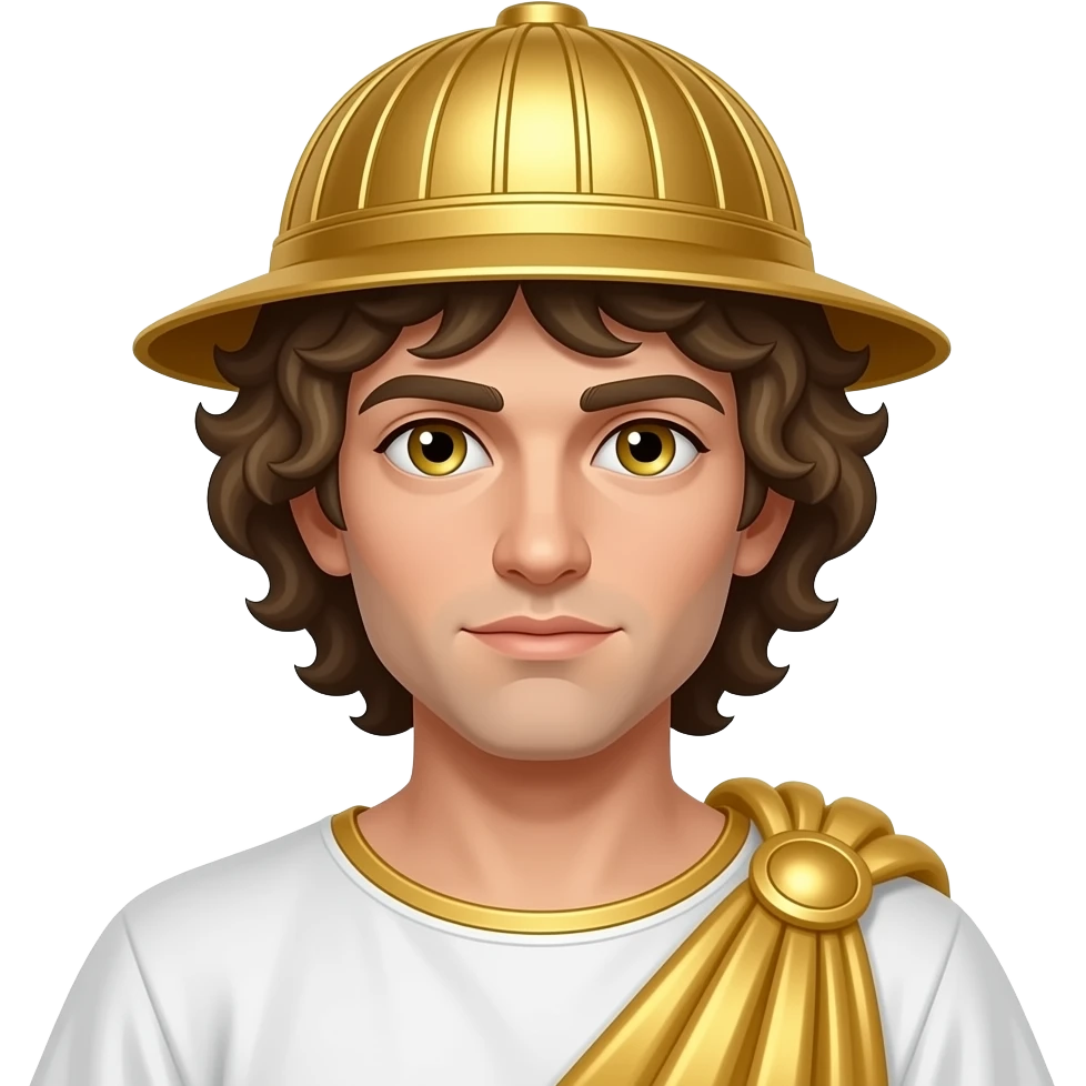 Mercury from Roman Mythology with gold eyes, long dark blonde curly hair, white tunic, gold toga, gold petasos emoji