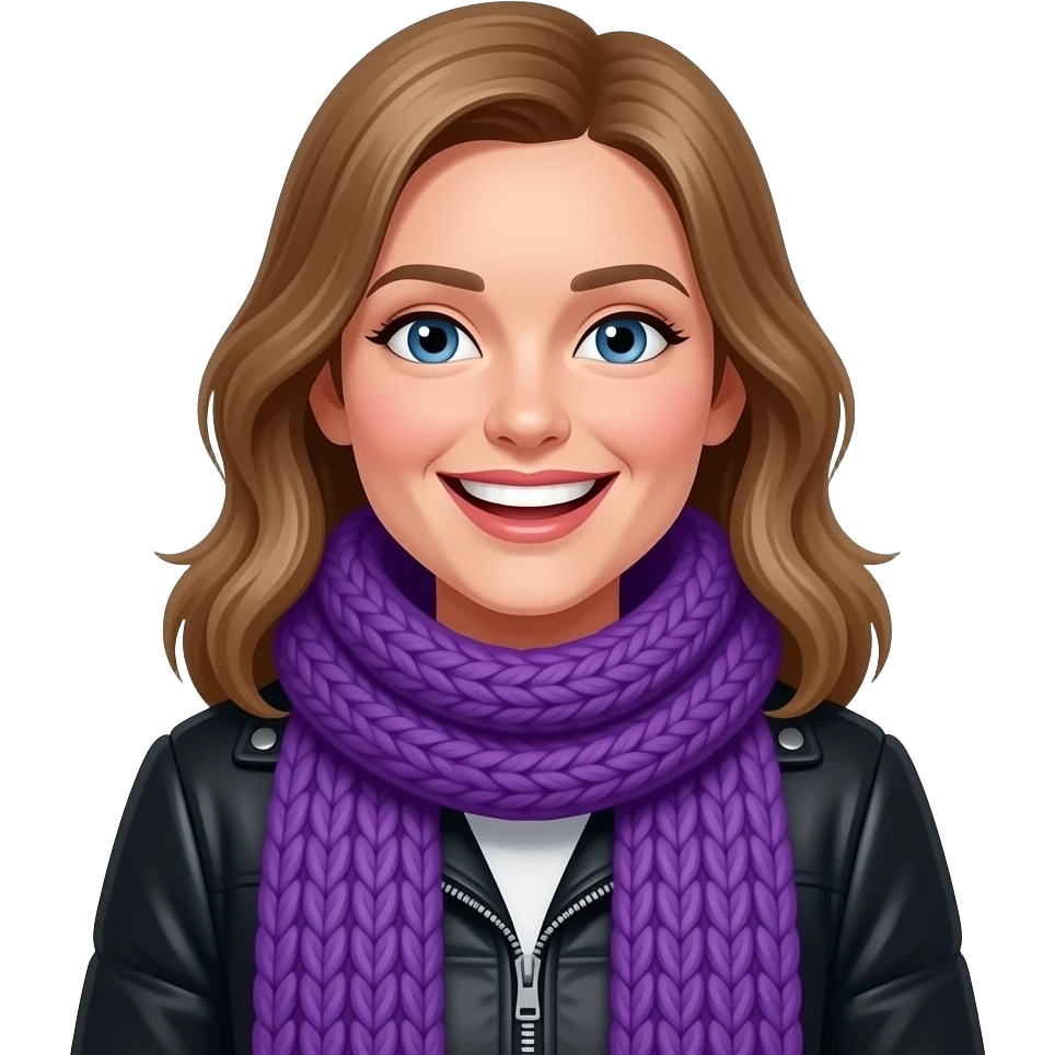 english winter woman with big purple knit scarves on neck black jacket laughing emoji