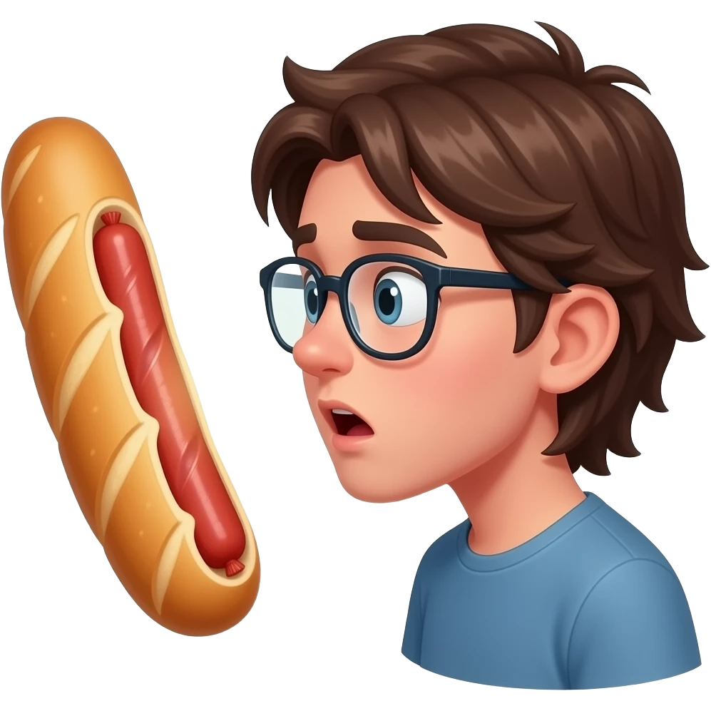 A boy with  long hair and glasses  really shocked at a baguette with a sausage inside, make the baguette glow and make it side view(only the head) emoji