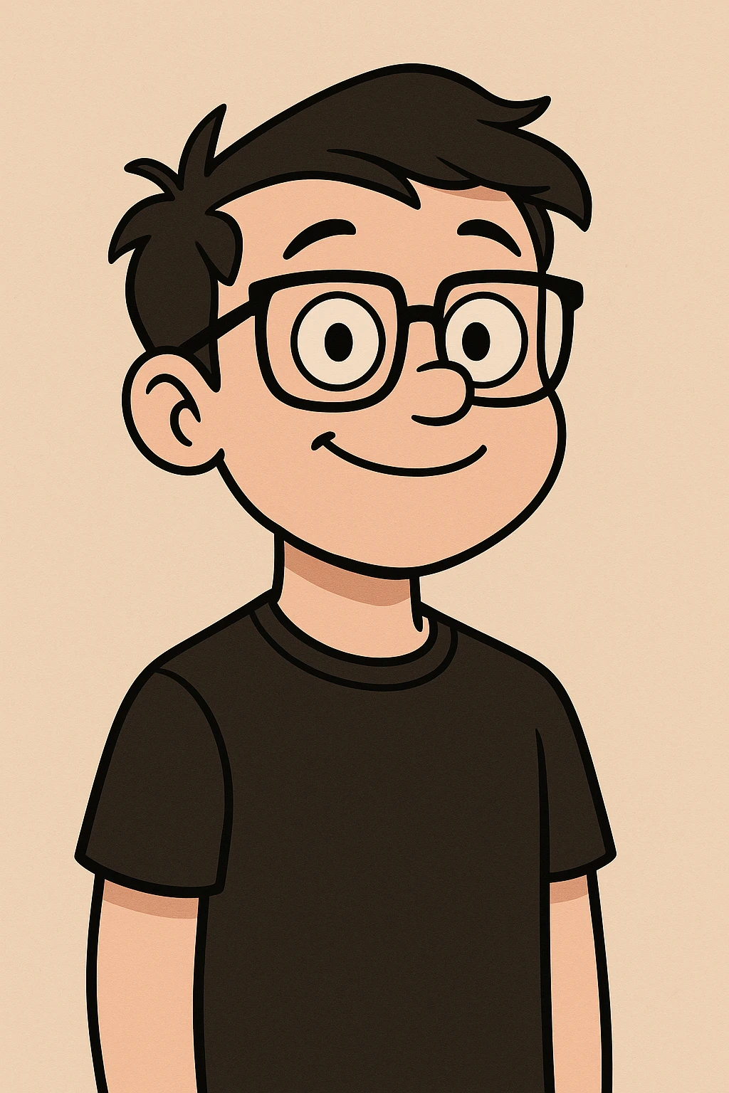 white boy with blue eyes, black glasses, black t-shirt, smiling, cartoon style emoji