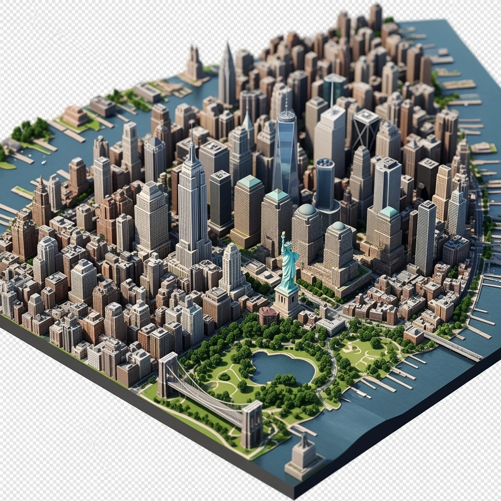 Isometric miniature of New York Сity Empire State Building, One World Trade Center, Statue of Liberty, Brooklyn Bridge, and Central Park chaotic low-rise blocks in outer boroughs 3D miniature effect and Tilt Shift effect, no cartoonish look, transparent background. emoji