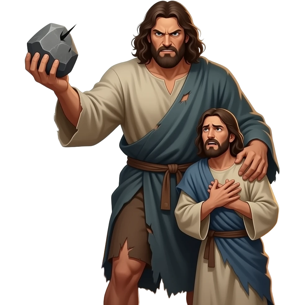 Cain angry standing over his brother with a rock in his hand with his brother Abel trying to shield himself emoji
