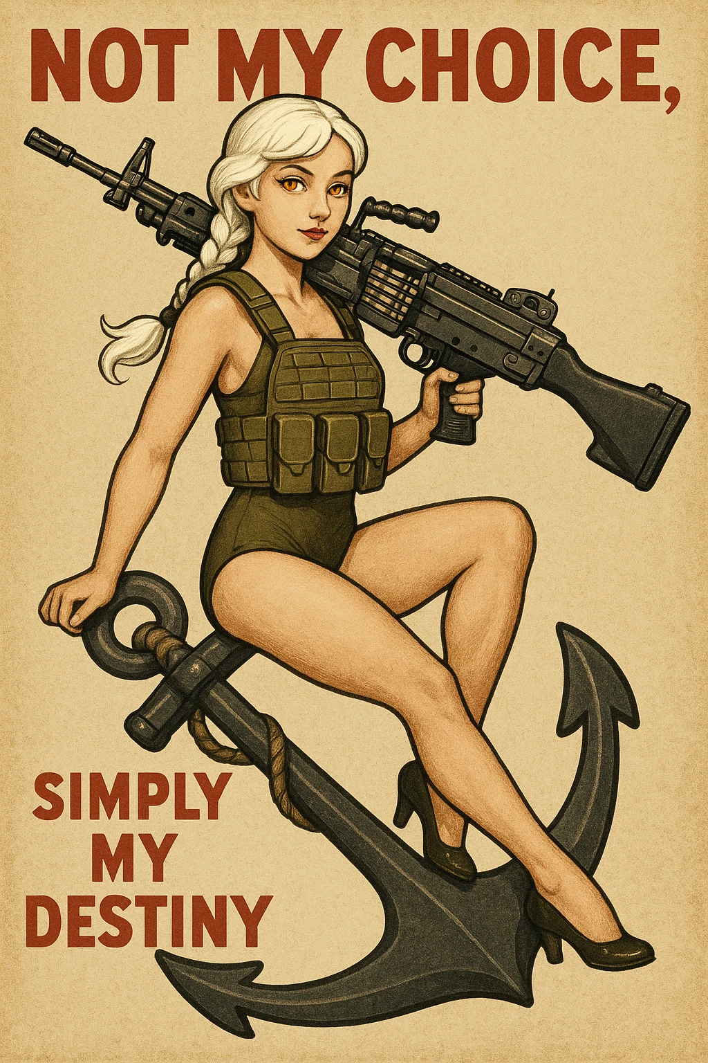 a retro military pinup " not my choice, simply my destiny "
; female figure young,gorgeous, white hair 1 braid, gold yellow eyes, riding side-saddle on a massive anchor , with a massive LMG 249,  wearing a swimsuit with plate-carrier emoji