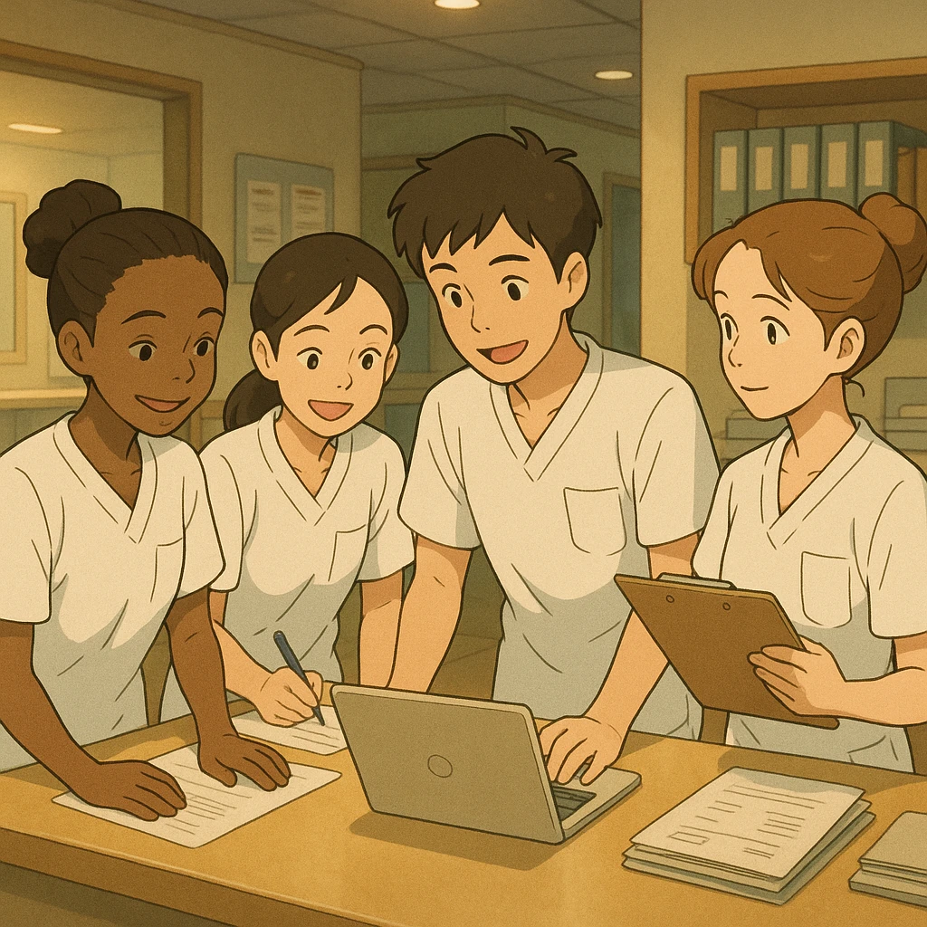 Four nursing students inspired by provided photos, working together in a care station, Ghibli style, white short-sleeve uniforms without collar stand or stethoscopes, no clothing extending from sleeves, medical tunic tops with V-neck and left chest pocket, warm and professional atmosphere. emoji