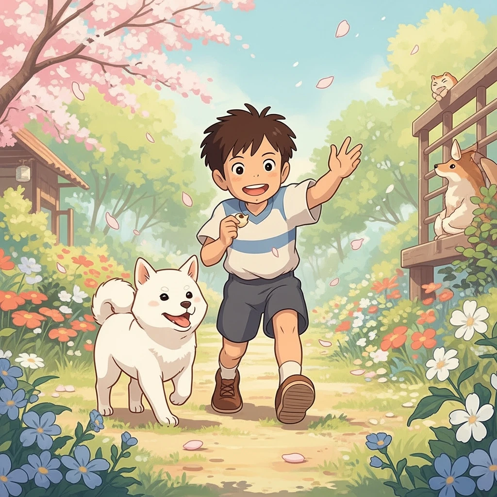 kid and his pet dog in studio ghibili style emoji