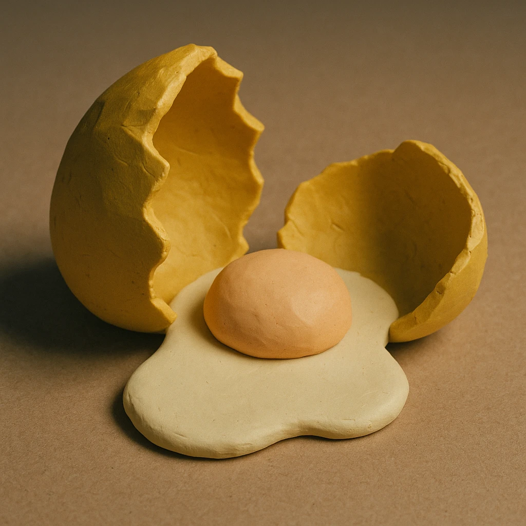 A golden broken egg in claymation style with a visible yolk, matte texture with visible fingerprints, pastel colors. emoji