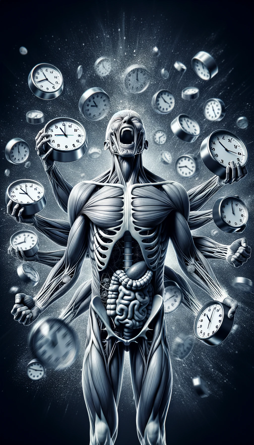 corpo umano anatomico CHE TIENE OROLOGI NELLE MANI E STA IMPAZZENDO PERCHé NON RIESCE A SVOLGERE TUTTE LE SUE ATTIVITà QUOTIDIANE: NON HA TEMPO, iperrealistico 4k emoji