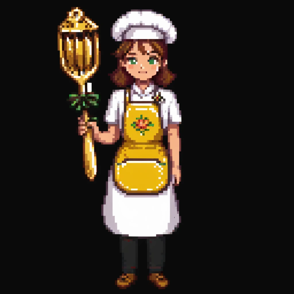Portrait of a proud baker with a golden apron and embroidered details, holding a polished whisk, skeuomorphism style emoji