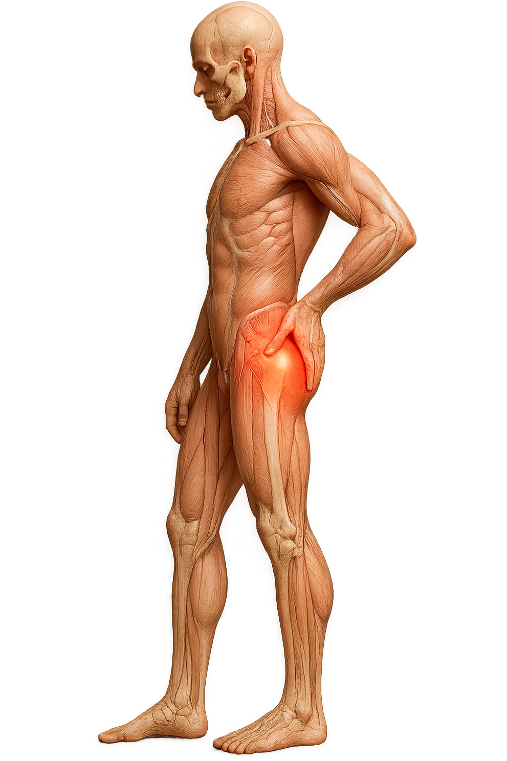 CORPO UMANO ANATOMICO DI PROFILO A FIGURA INTERA REALISTICO CHE SI TOCCA L'ANCA INFIAMMATA, DOLORE ALL'ANCA, IPERREALISTICO 4K emoji