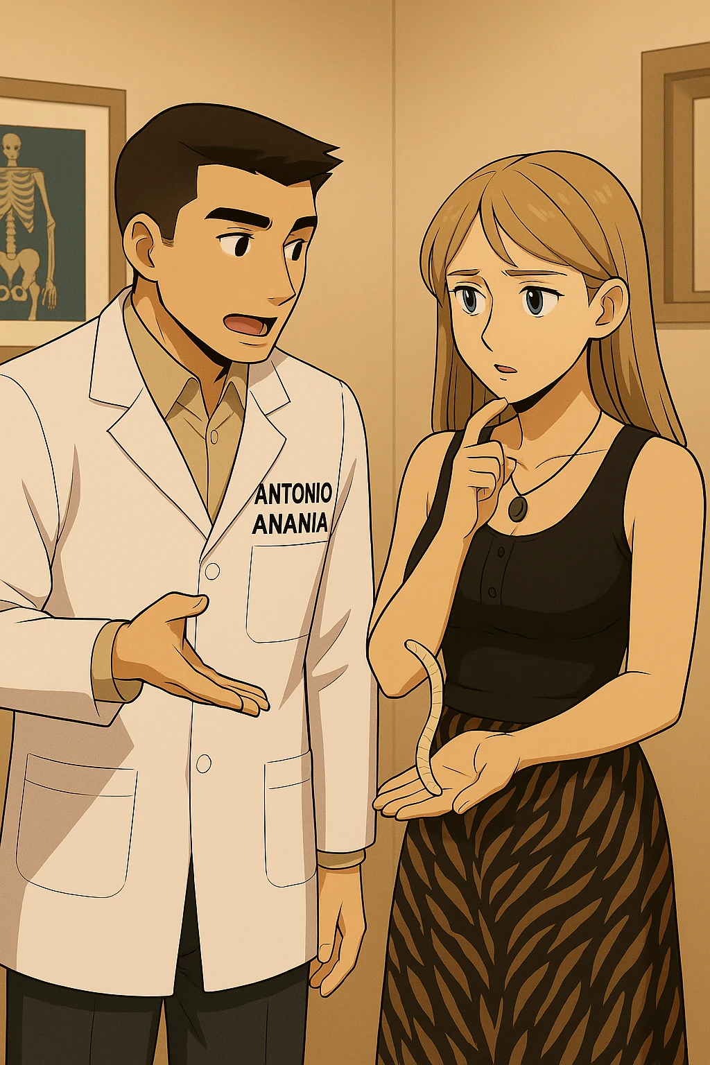 prendi spunto da queste immagini e fai un webtoon/manga a colori con questo kinesiologo in camice bianco (fagli la scritta "ANTONIO ANANIA" SUL CAMICE) CHE PARLA CON QUESTA RAGAZZA CON GLI OCCHI AZZURRI. la ragazza FA UNA DOMANDA DUBBIOSA, e IL KINESIOLOGO CON IL CAMICE BIANCO le SPIEGA UNA COSA MOSTRANDOLE UN VERME LUNGO E BEIGE CHIARO CHE HA IN MANO. NON FARE I FUMETTI, FAI SOLO LORO COME SE DIALOGASSERO emoji