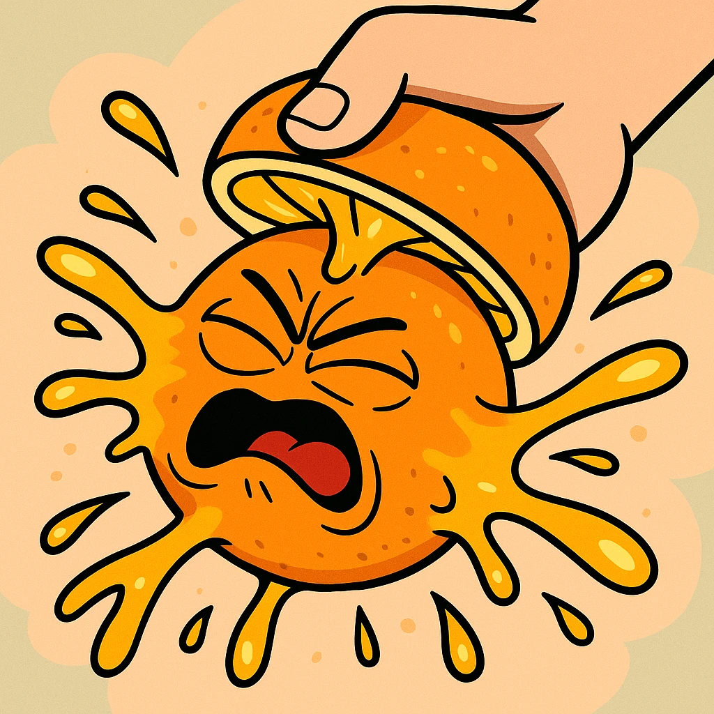 an orange being squeezed, cartoon style, expressive juice splash, vibrant colors, dynamic emoji