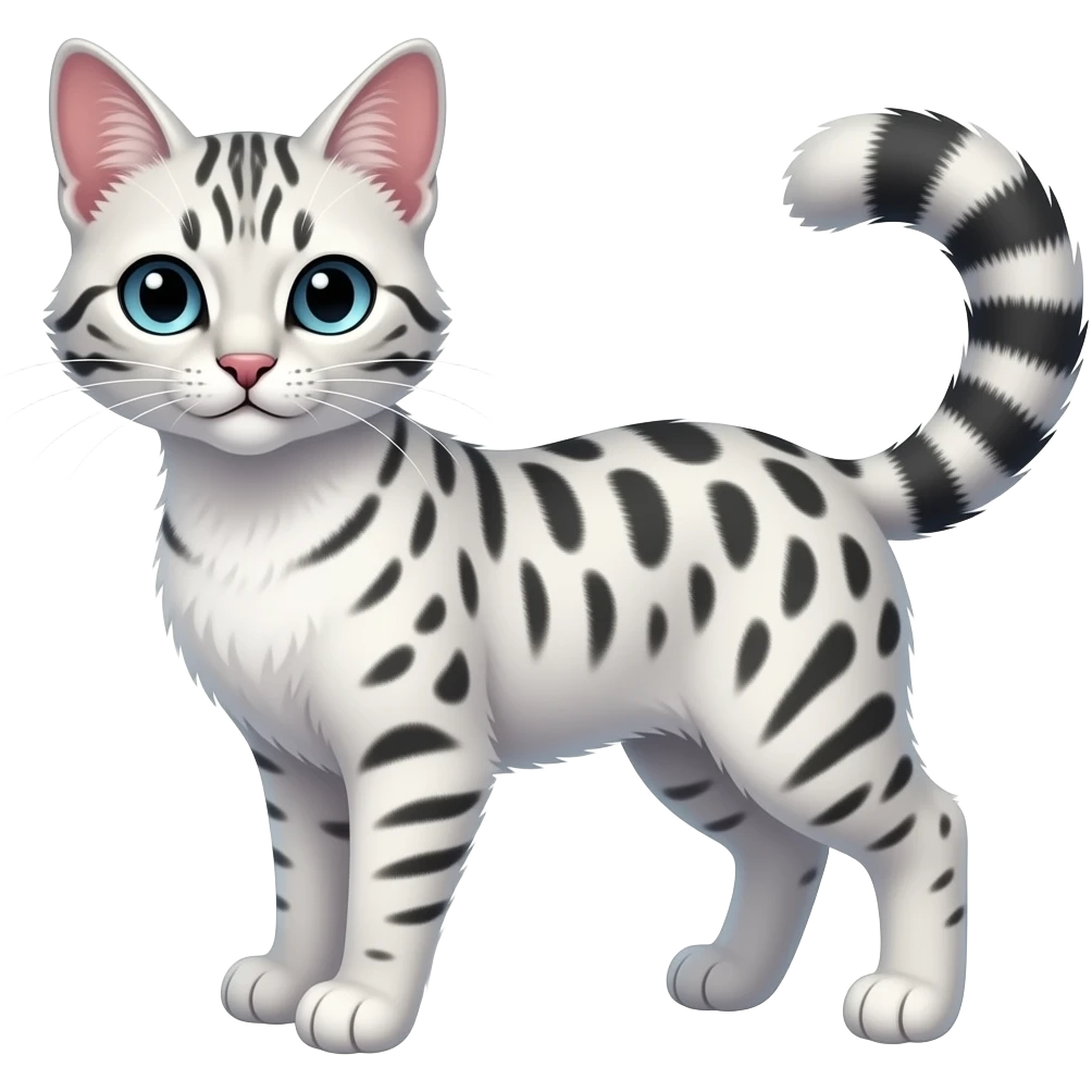 White soft silky smooth vernid-Civet-Genet-Bengal-Cat-Bobcat-Caracal-Serval-animal-hybrid-mix fantasy creature LiLaiRa Kamirah Falvie whiskers paws full body gradient iridescent patterns tufted tail feline emoji