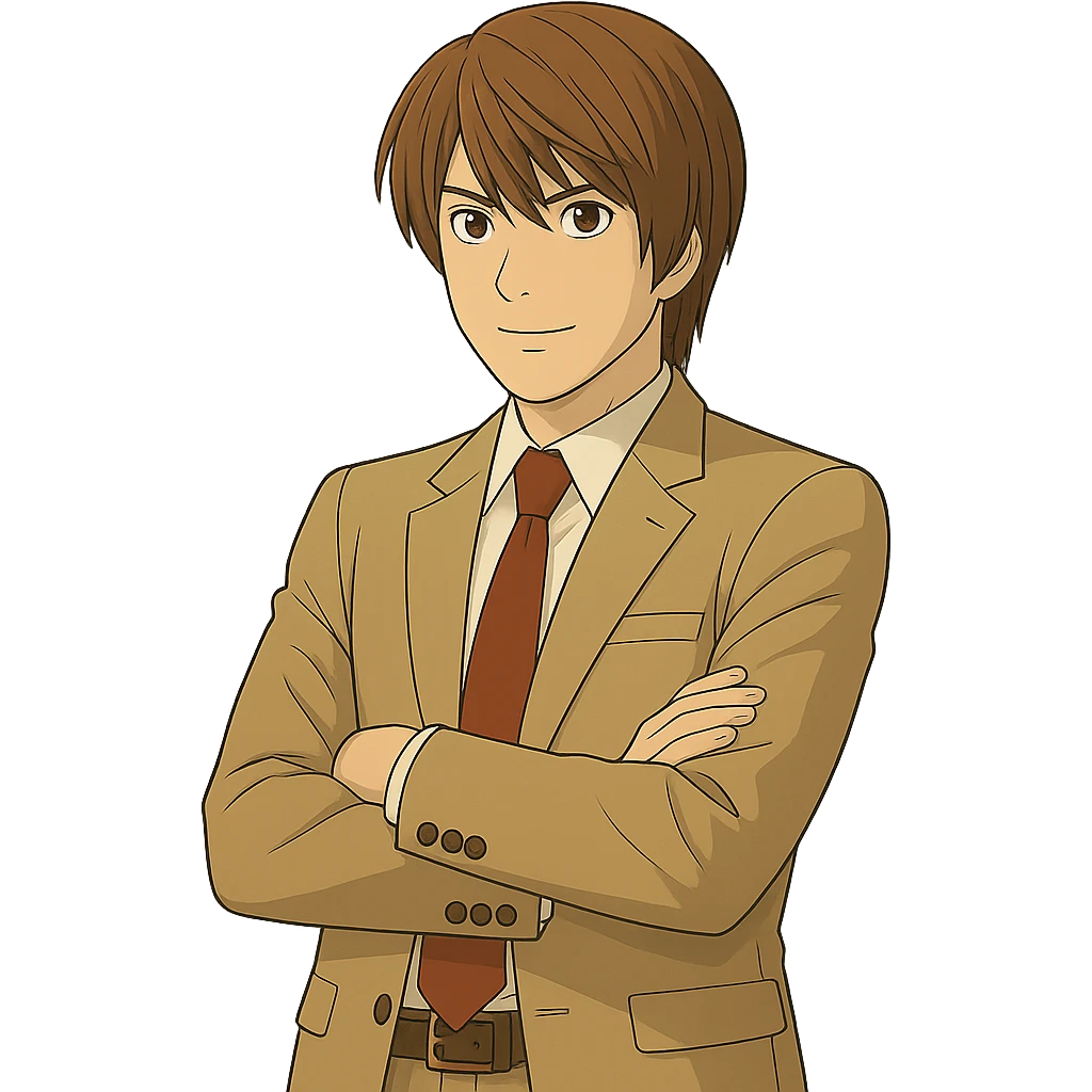Create an exact Light Yagami in Ghibli style, standing with arms crossed, wearing the same suit, and showing the same confident expression. Match the face, hair, and suit details exactly to the reference image. Transparent background. emoji