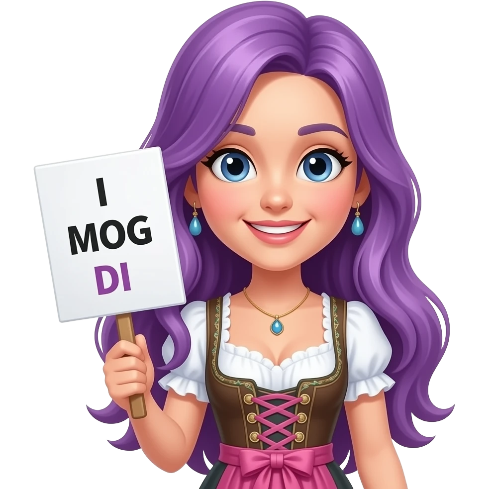 girl with long purple hair wearing a dirndl holding a I MOG DI sign emoji