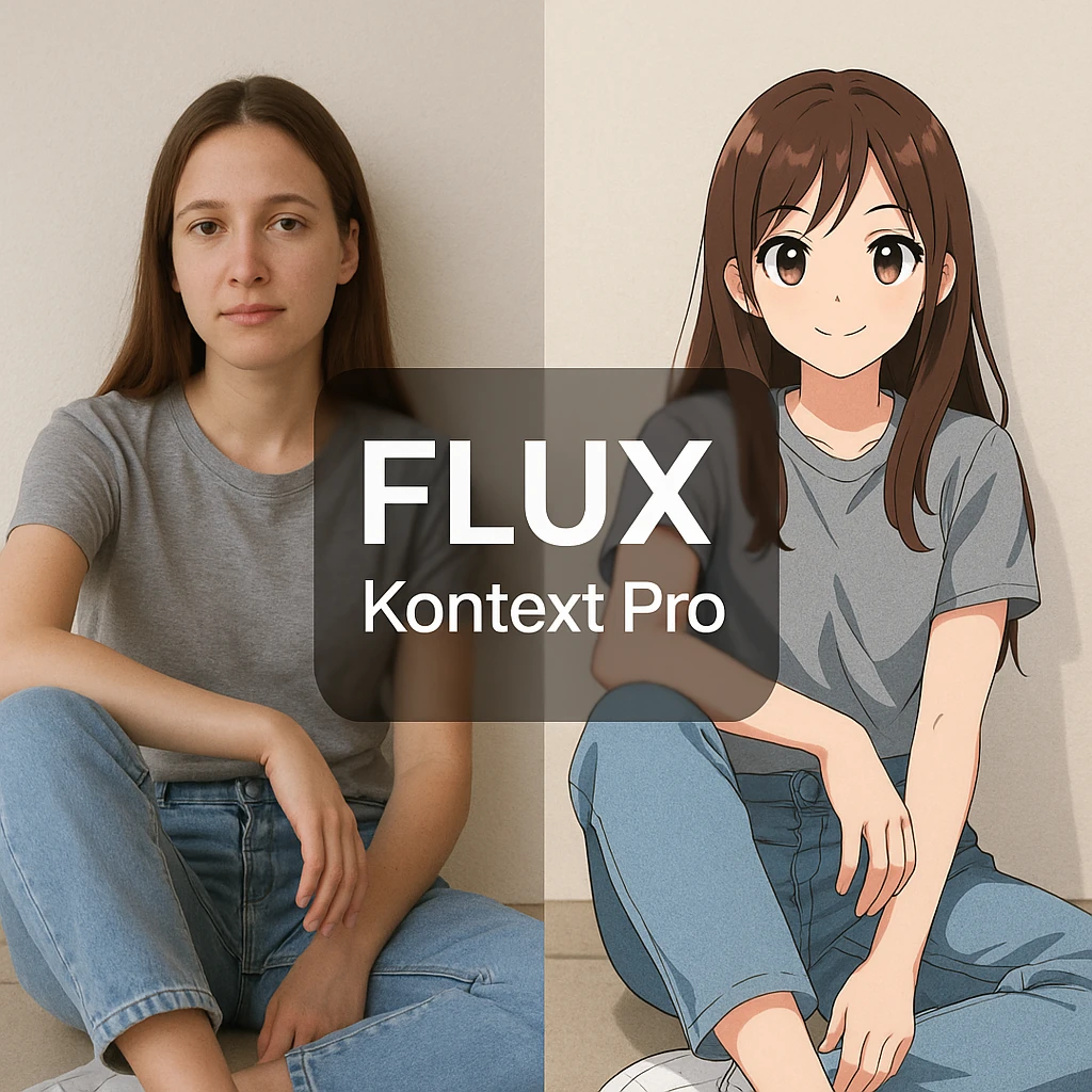 create before after image of a girl before is realsitic photo, after is anime version of her in same pose and clothes, add logo with text of a "FLUX Kontext Pro" emoji