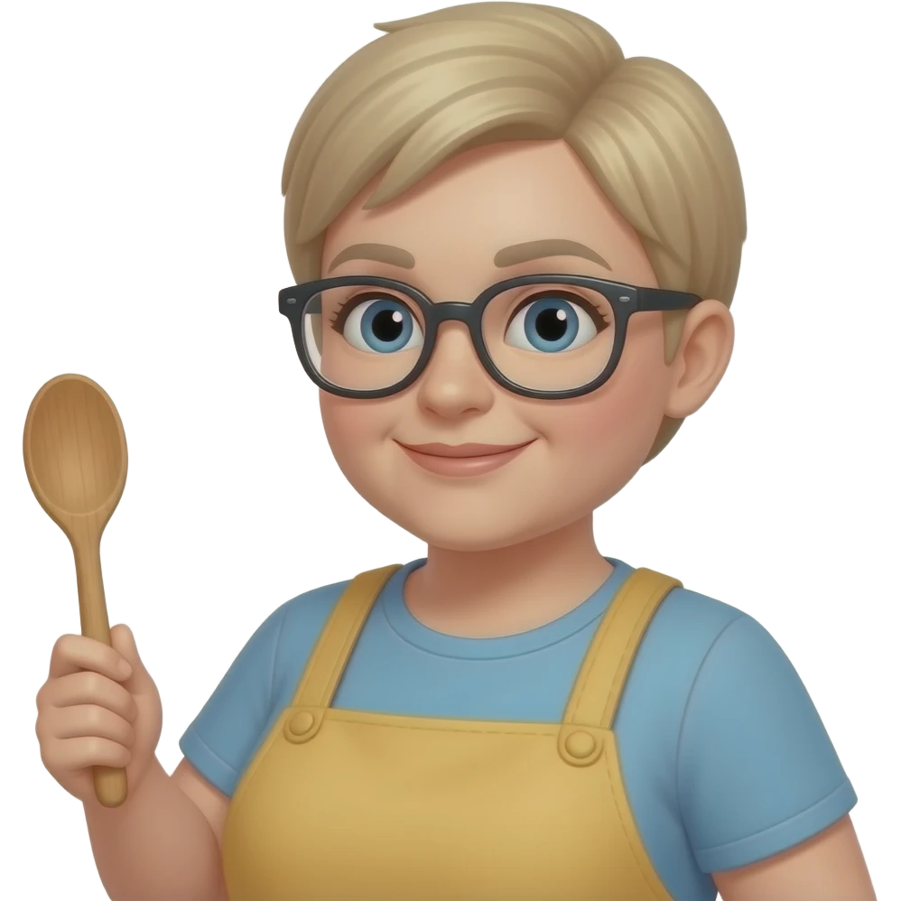 51 years blondie  some overweight woman cooking, glasses, wooden spoon, buzz cut emoji