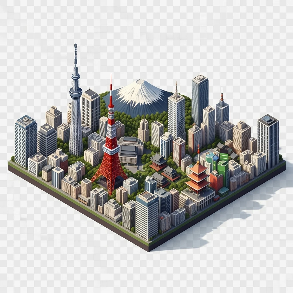 Isometric illustration of Tokyo, with photorealistic detailed miniature cityscape included Tokyo Tower, Skytree, Shibuya Crossing, Mount Fuji in background, balanced colors, subtle 3D miniature effect, no cartoonish look, transparent background. emoji