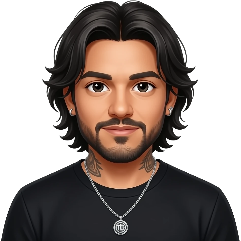 handsome, manly Latino podcast host with black colored eyes wearing black with silver jewelry, with medium length hair, a very long, lightly graying beard and tattoos, his ear and nose pierced 🤦🏽 emoji