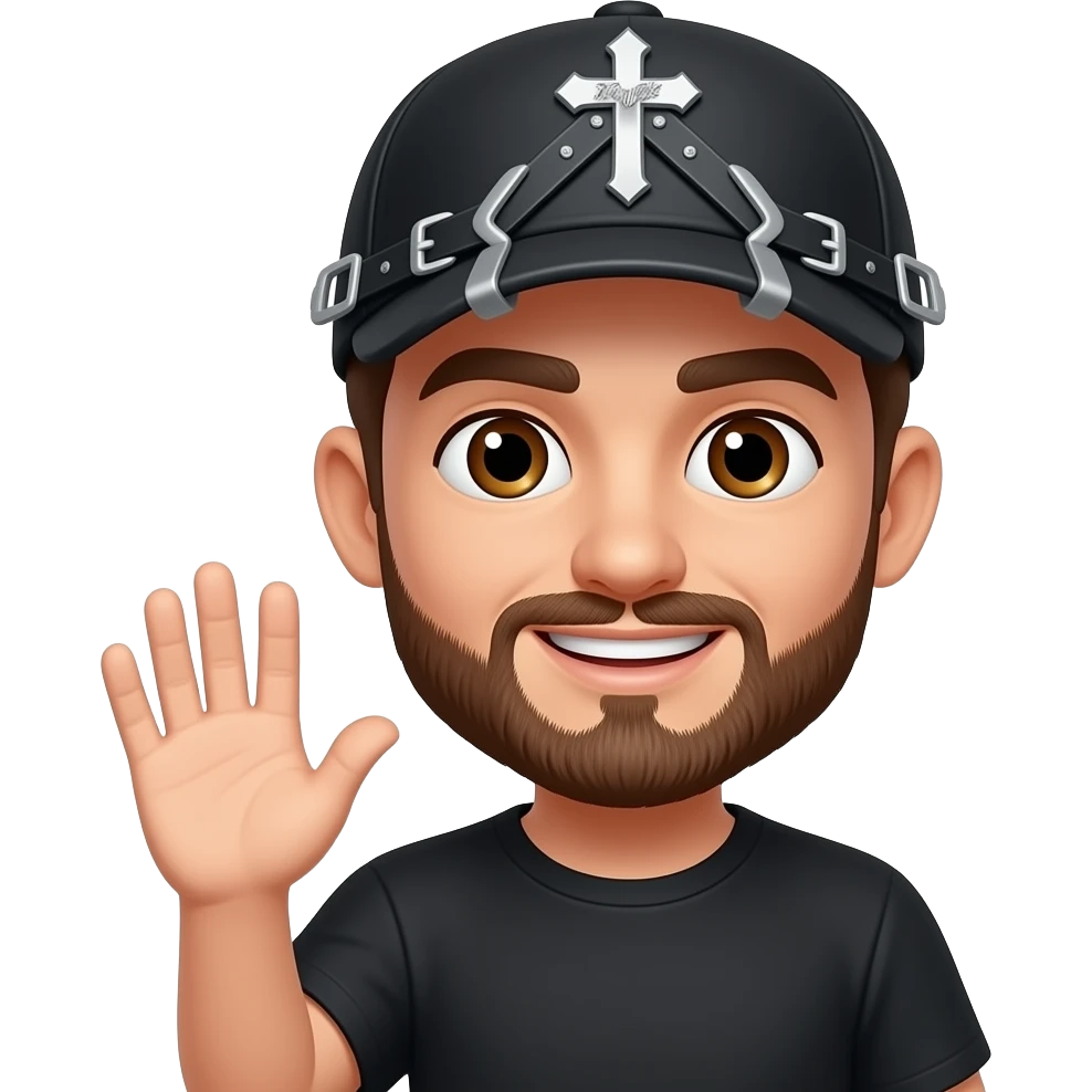 Brown eyes, rock-style cap with metallic clips on the cap visor , rock cross on the cap , black teeshirt, saying hi, no ratio, no chain, short hair , browning beard, no withstand emoji