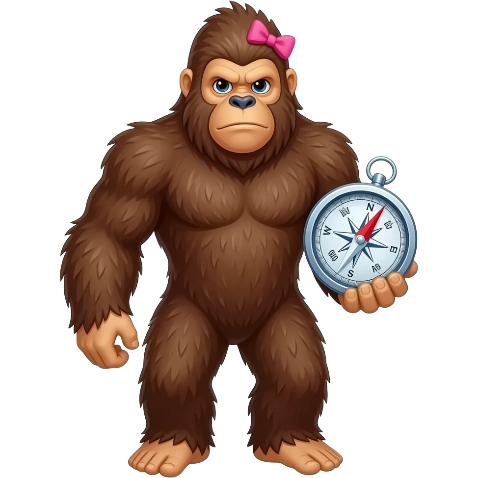 Full body sasquatch with pink bow in hair holding a compass emoji