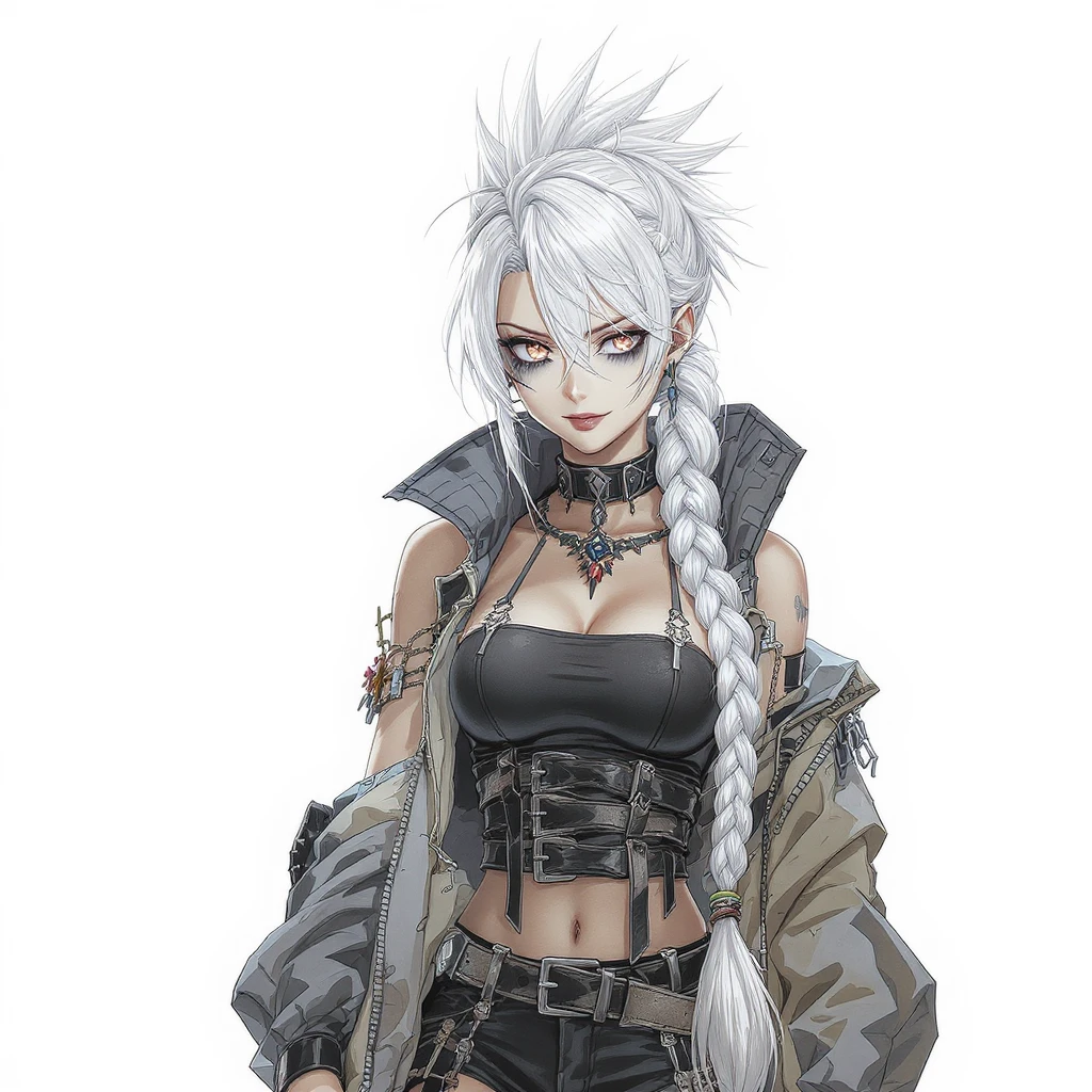 1 female, cyberpunk, mohawk white hair, 1 long braid, cybergoth, gothic style, action pose, style of anime emoji