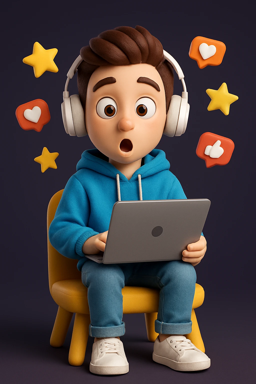 Create a detailed Generation Z character in a cartoonish 3D style with a surprised expression, wearing a blue hoodie, sitting on a yellow chair, holding a laptop and surrounded by floating icons of stars, likes and hearts.
The character should have stylised brown hair, large expressive eyes, white on-ear headphones and a soft, expressive Pixar-style look.
Depict the character in full, centred in the frame, with even studio lighting, soft shadows and a clean dark purple background for contrast. emoji