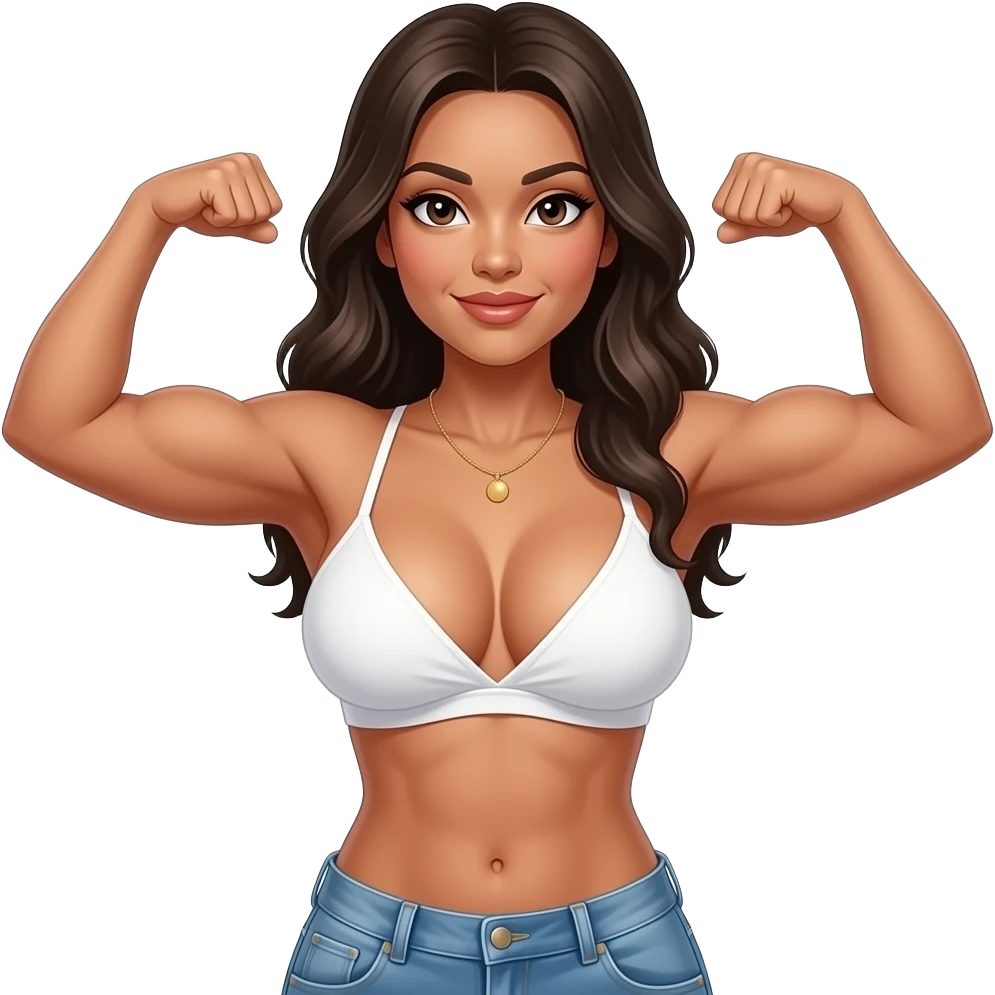 Flirtye Burnett women with large boobs  waist up naked toned arms flexed emoji