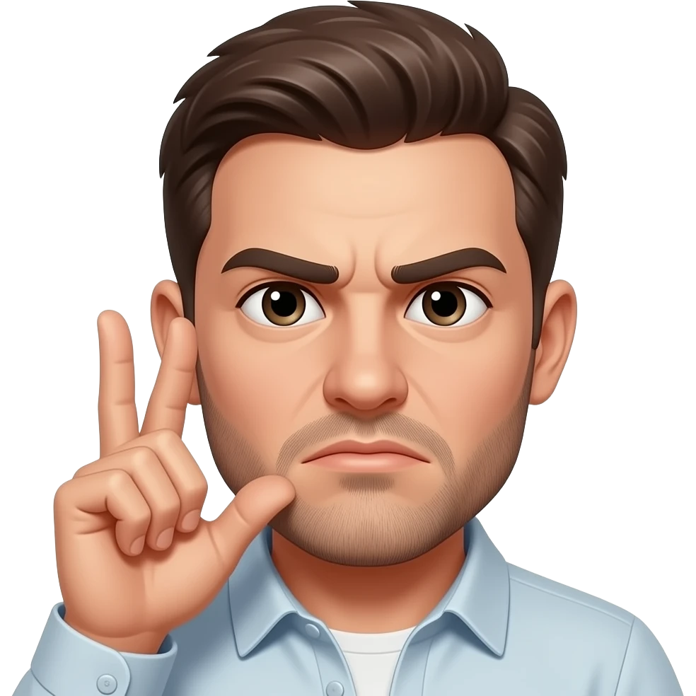 A serious face with the 1 and second finger held up to the right esr and the tumb held on the lips like a phone emoji