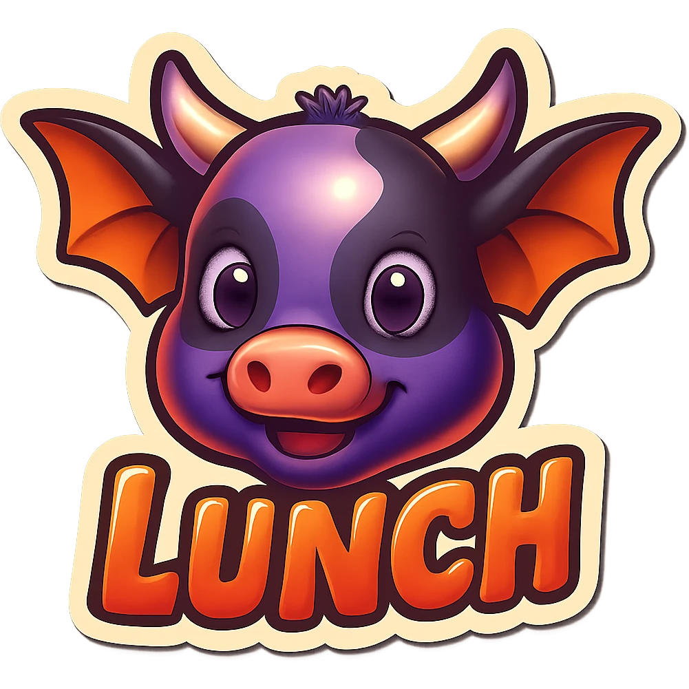Add the word 'lunch' in bold, playful text near the cow-bat hybrid emoji. Keep the same style and colors as the reference image. Ensure high visibility suitable for Discord and Slack. No background (transparent). emoji