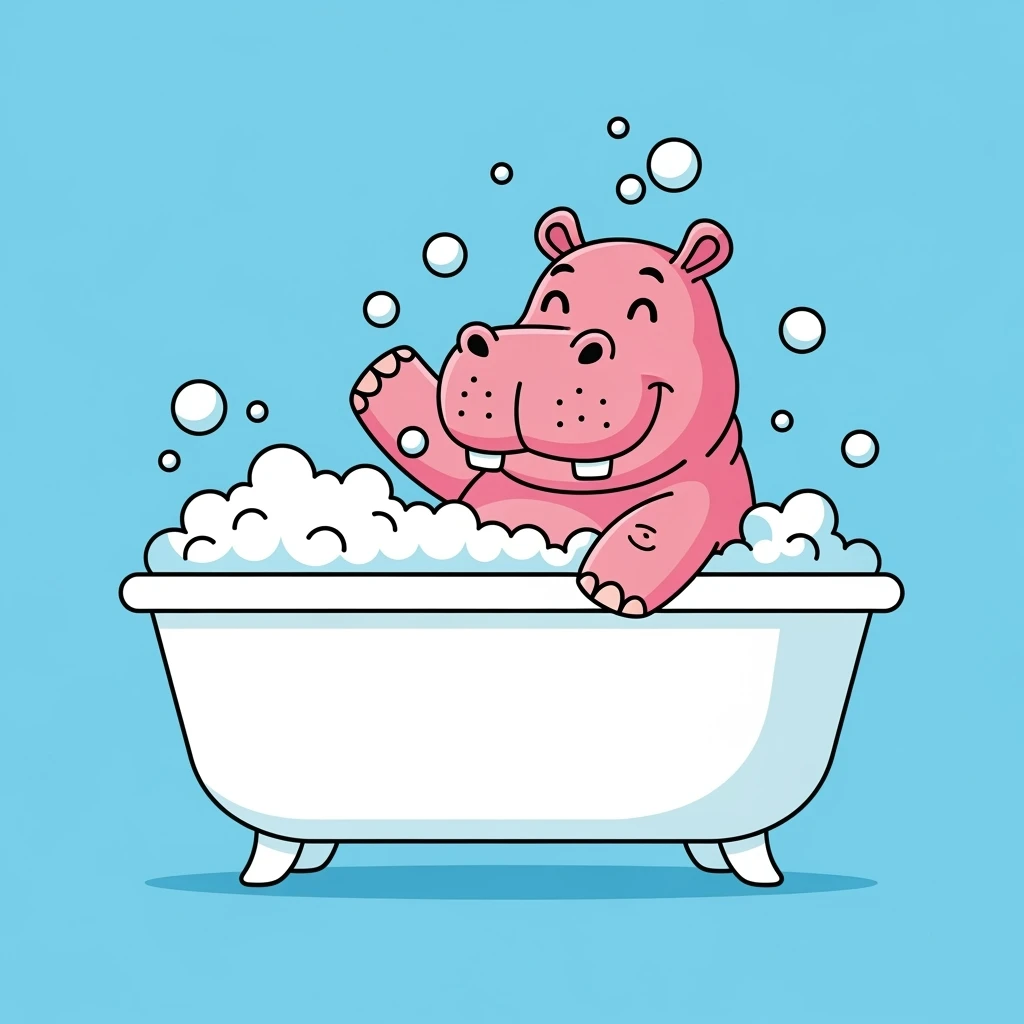 color vector art with thin outline of happy hippo with bubbles in bathtub emoji