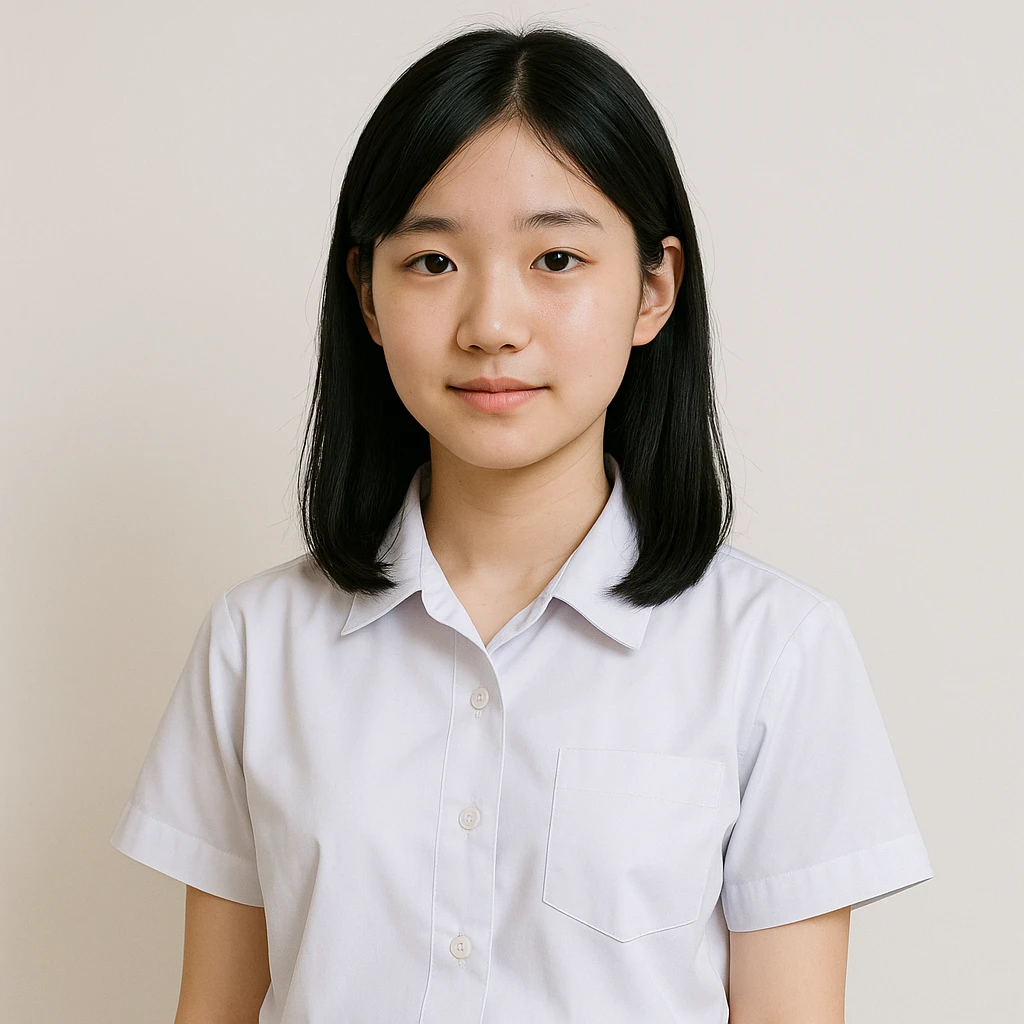 Asian girl with black hair and white skin, wearing a white school uniform, simple and clear design emoji