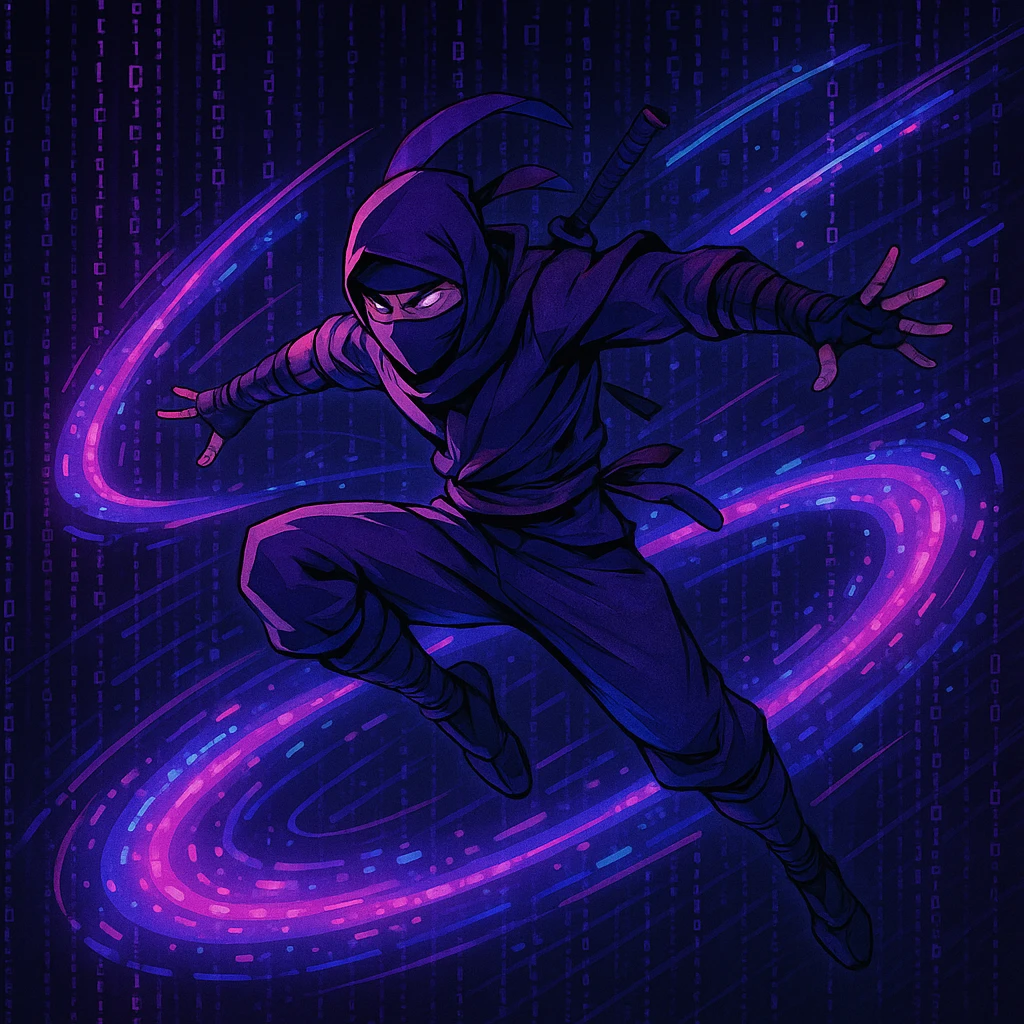 A dynamic ninja leaping through code, with DeepSeek's signature colors and a digital background, energetic and modern. emoji