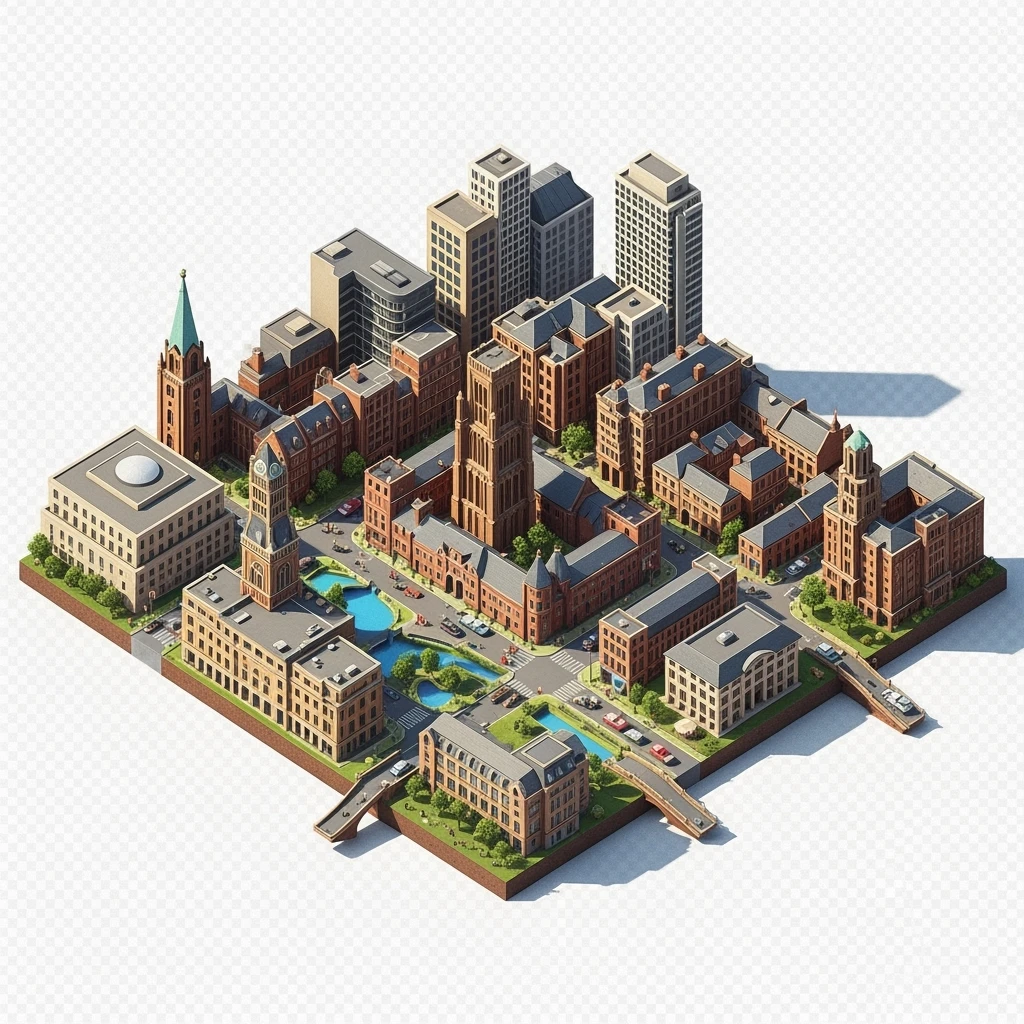 Isometric illustration of Birmingham highly detailed in semi-realistic, 3D miniature effect, transparent background. emoji