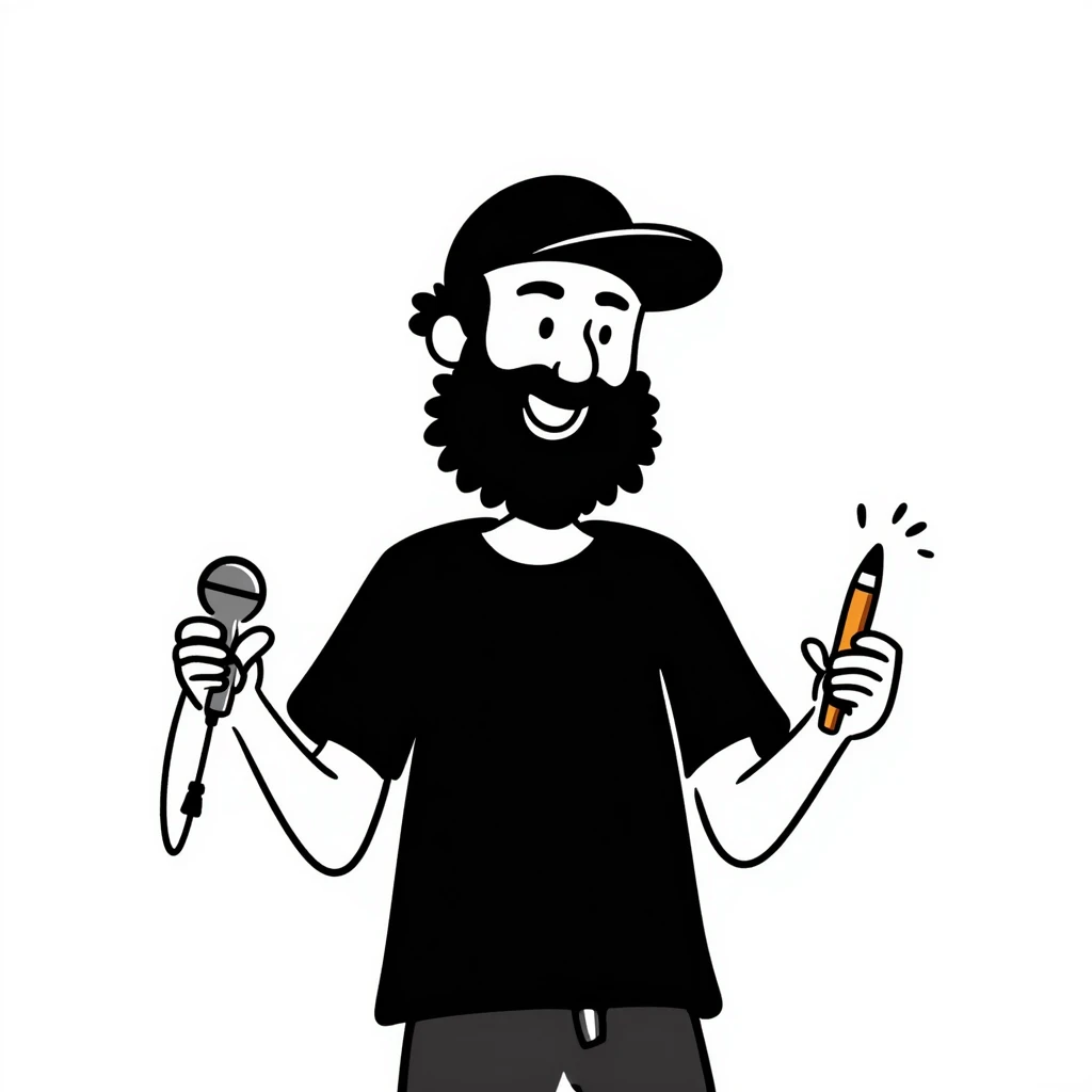 mature hip-hop artist with full beard wearing backwards baseball cap, happy expression, holding mic in left hand and pencil in right hand emoji